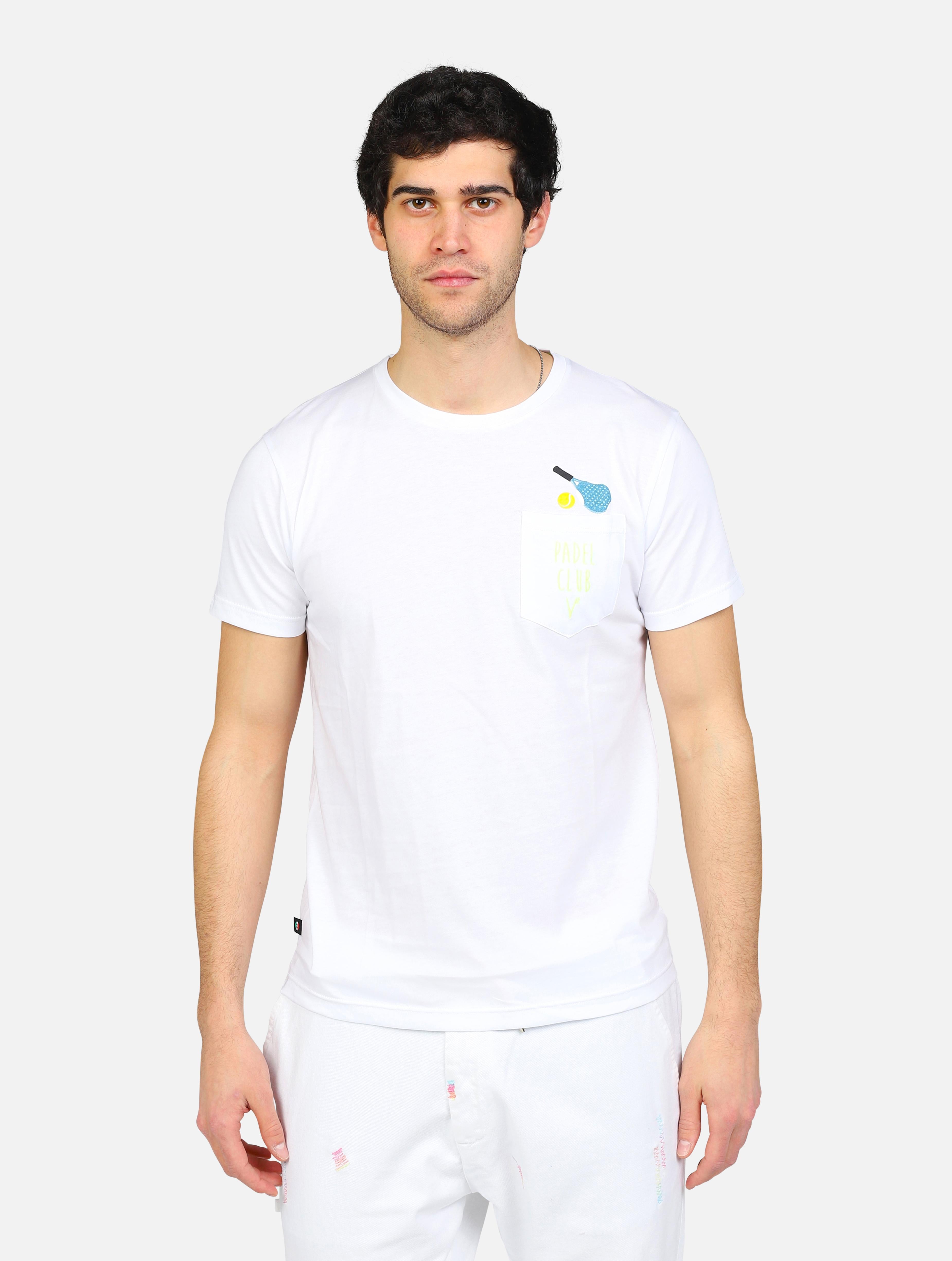 art. tubipad: t-shirt con piccolo disegno racchetta padel e scritta sul taschino