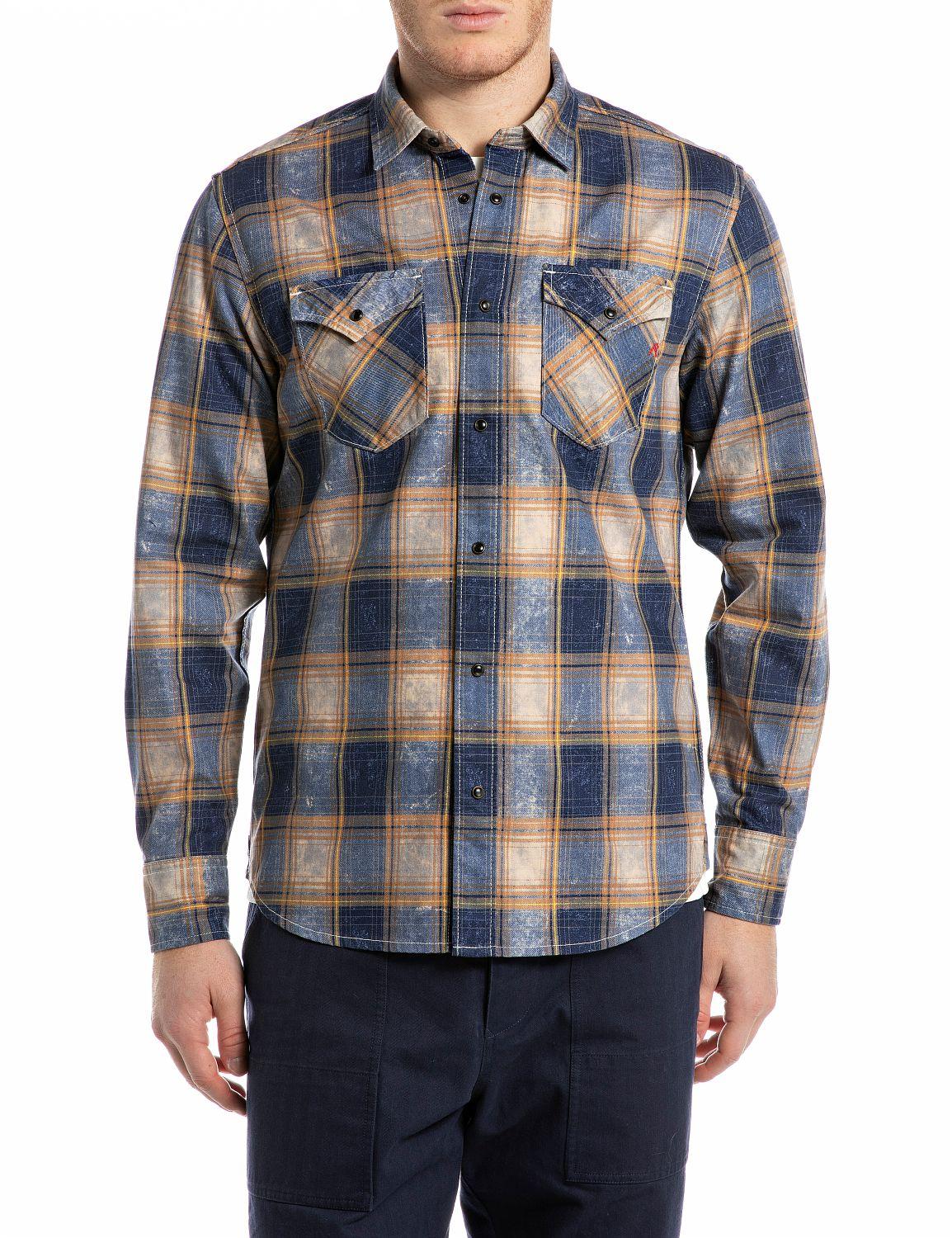 Camicia quadri beige-denim uomo