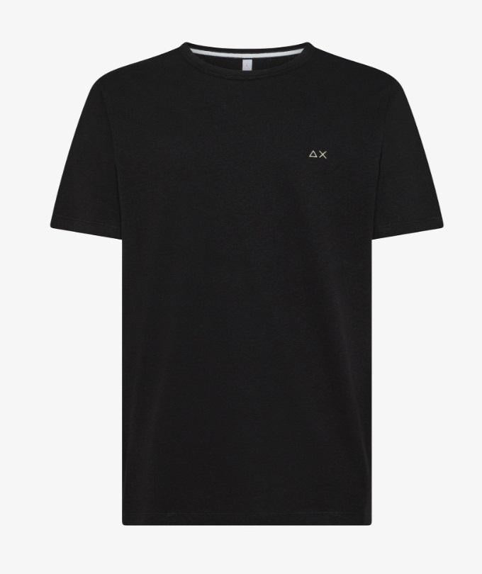 Art t35132: t-shirt jersey in lino con logo ricamato sul petto, girocollo, manica corta nero uomo