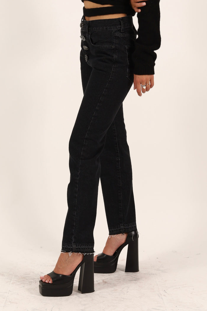 Pantalone jeans donna mod relaxed tinta unita chiusura a bottini swarovski diversi - DZ5077BLACK DENIM