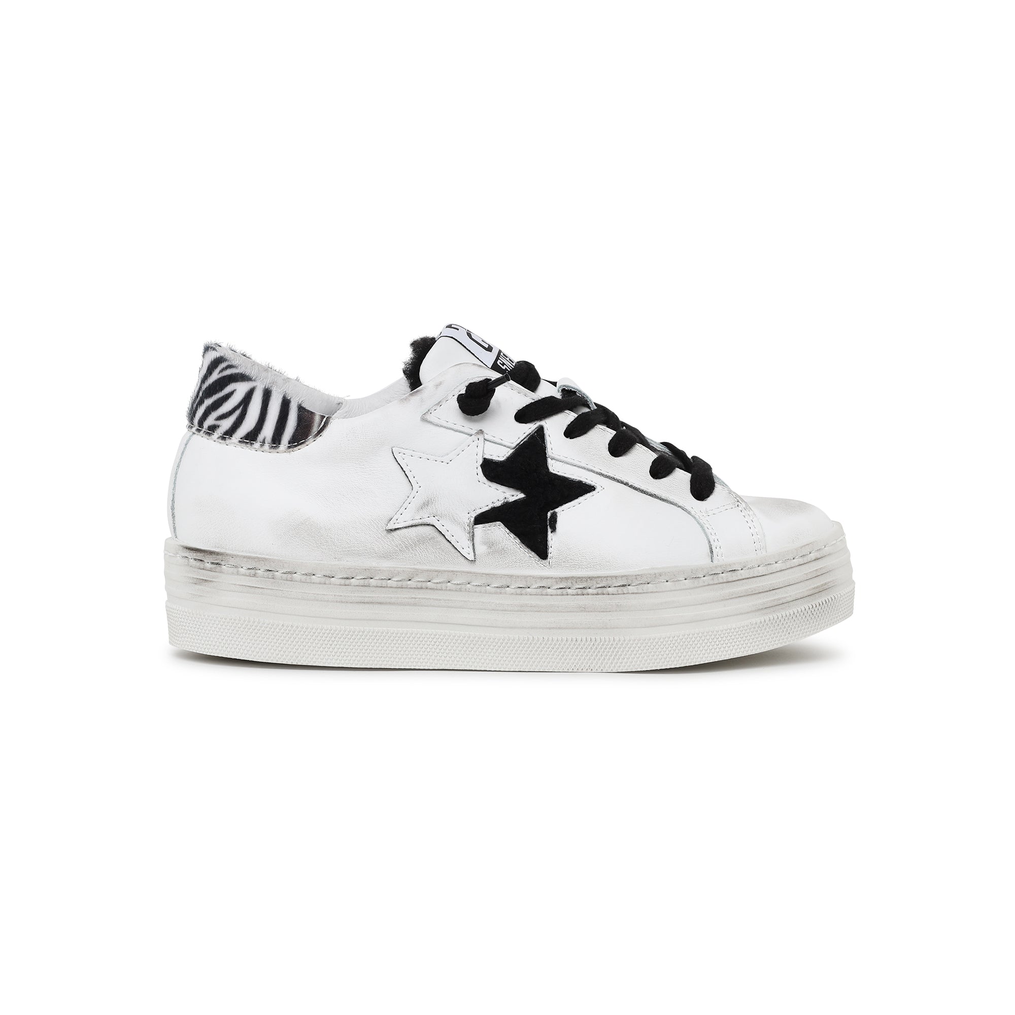 sneaker effetto used con suola rialzata, parte posteriore con pelo zebrato con stellina pelo nero - 4045034WHITE/BLACK