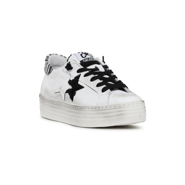 sneaker effetto used con suola rialzata, parte posteriore con pelo zebrato con stellina pelo nero - 4045034WHITE/BLACK