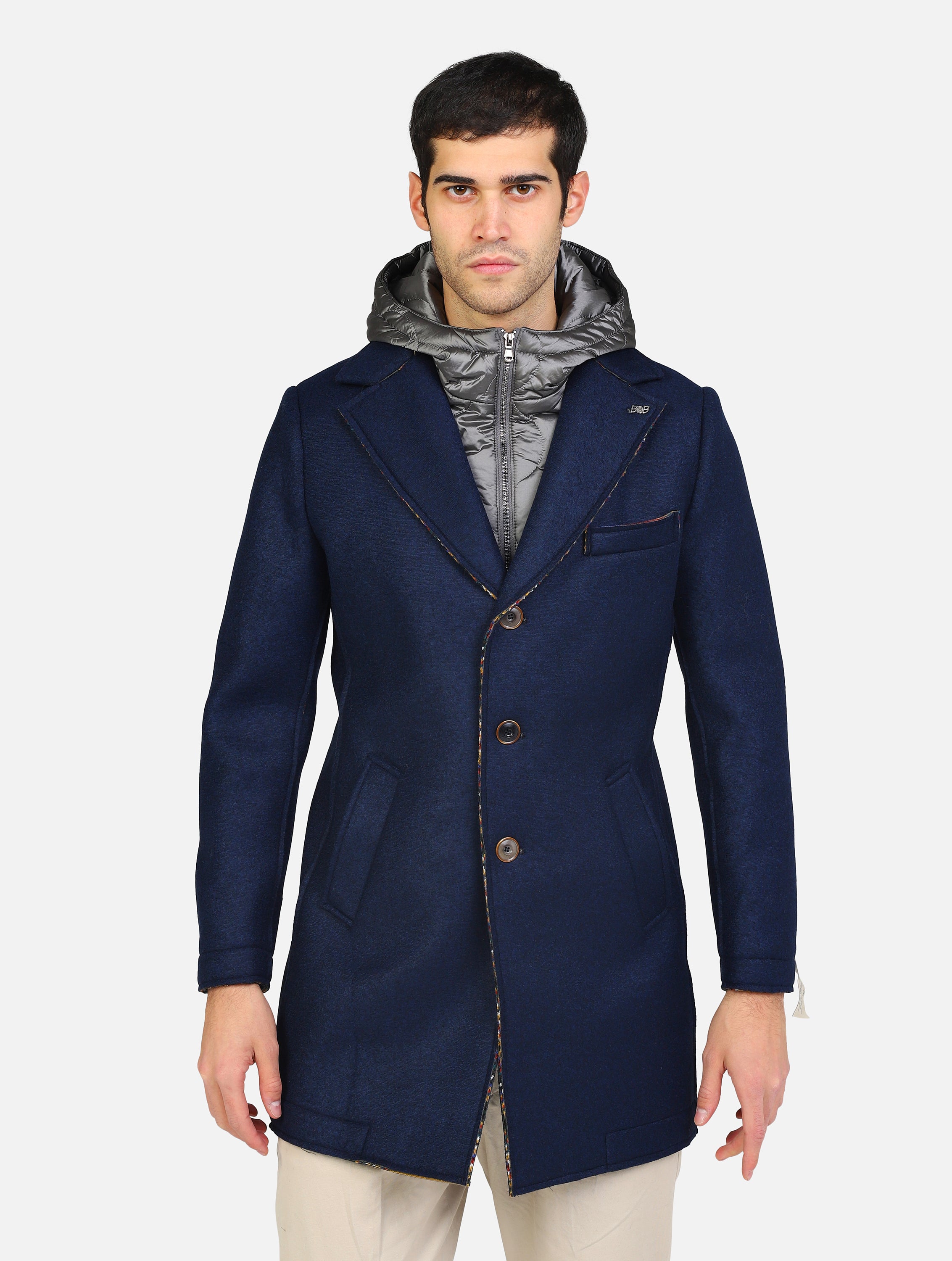 Cappotto monopetto con tasche a taglio, taschino, imbottito con fantasia interna e cappuccio blu navy uomo 