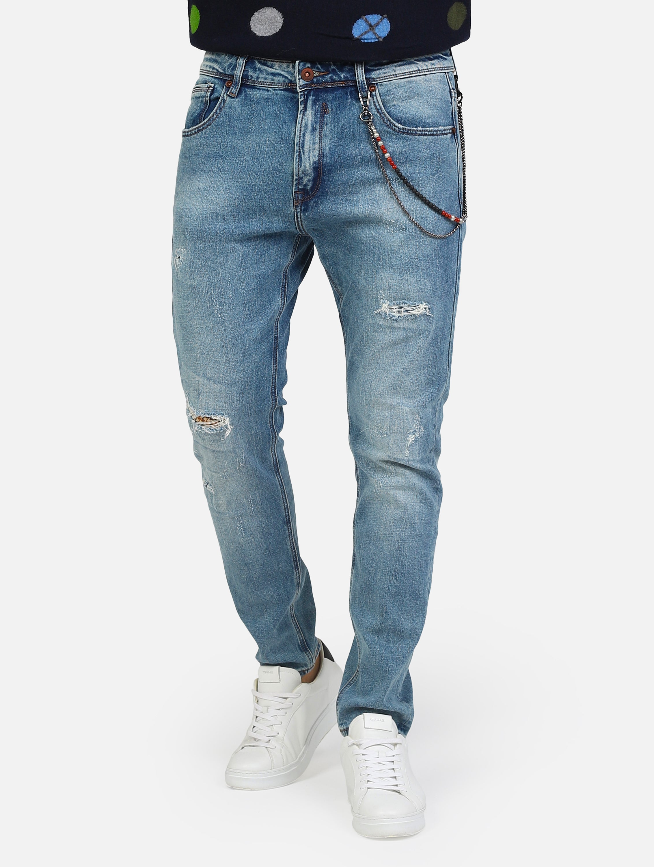  bruce regular slim fit con abrasioni strappi, con catenina, chiusura zip jeans uomo 