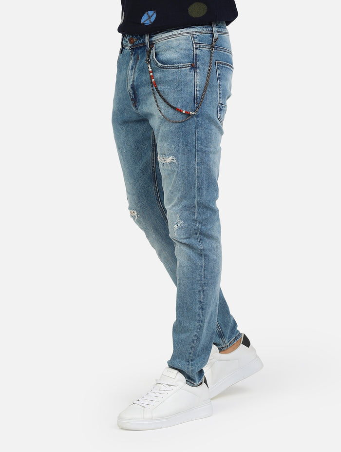 jeans bruce regular slim fit con abrasioni strappi, con catenina, chiusura zip