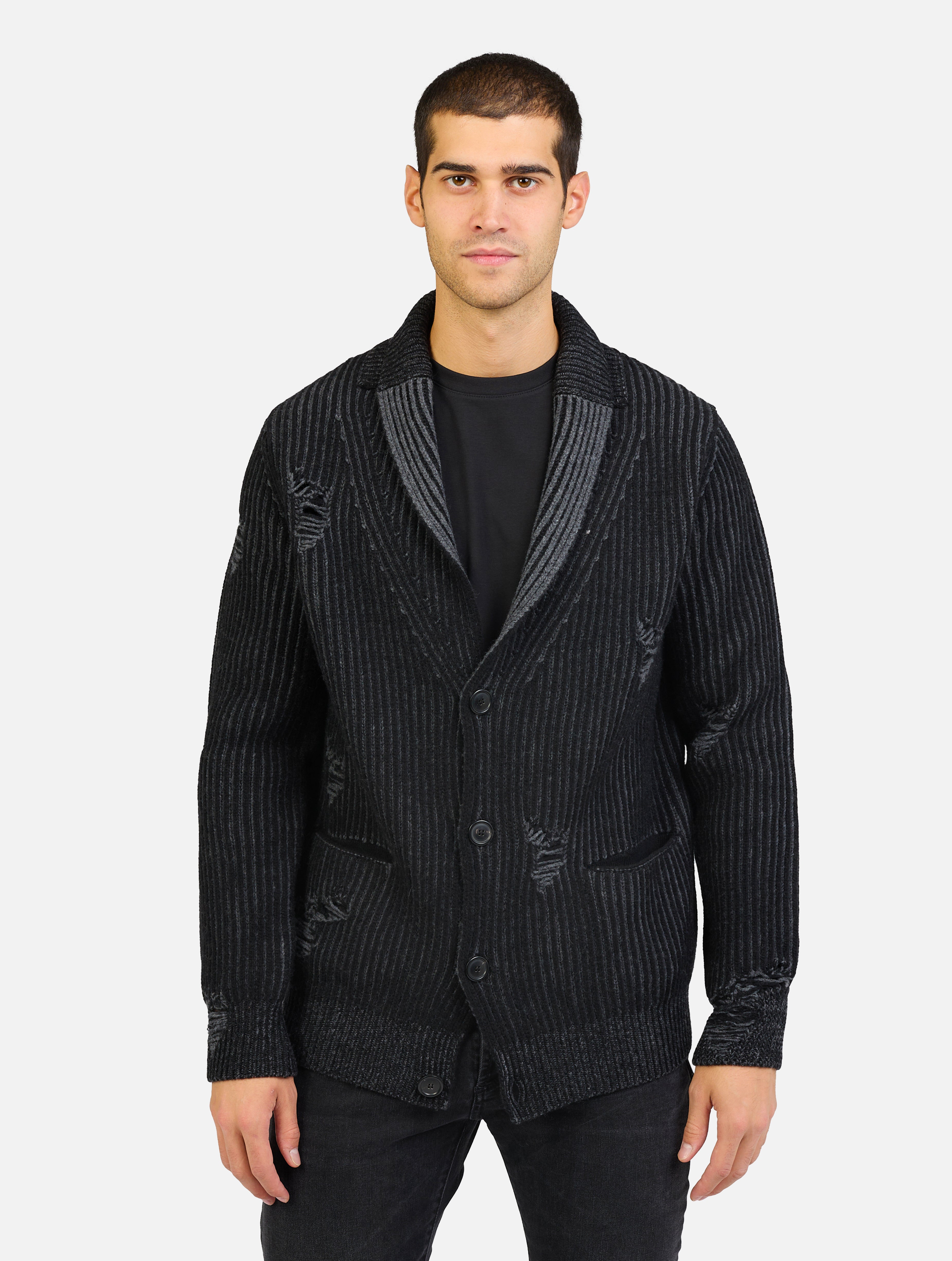 Cardigan collo scollato con rotture in pura lana vergine nero uomo 