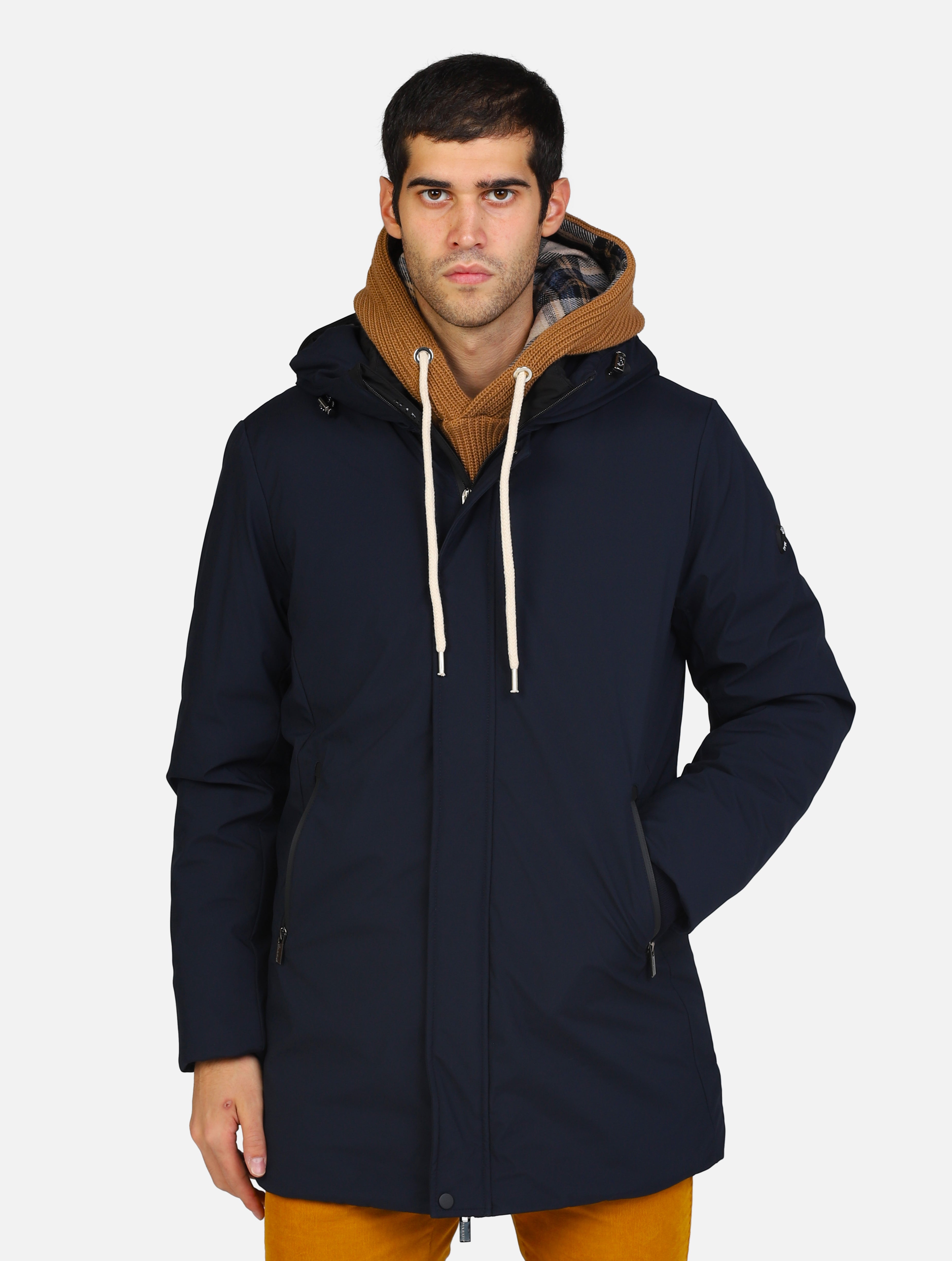 Parka lungo tessuto tecnico blu uomo 