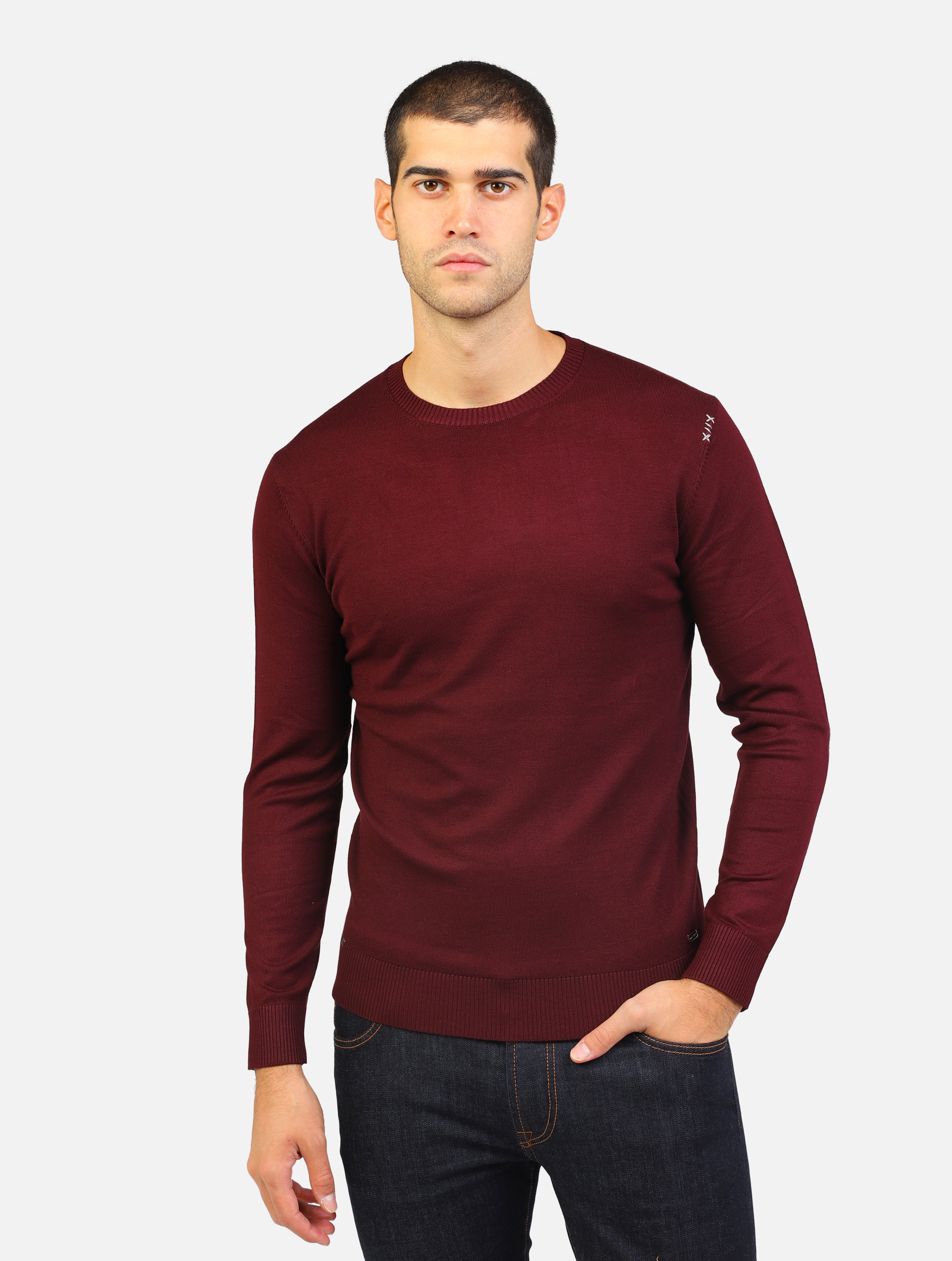 Maglia girocollo in viscosa a inserti con toppe bordeaux uomo 