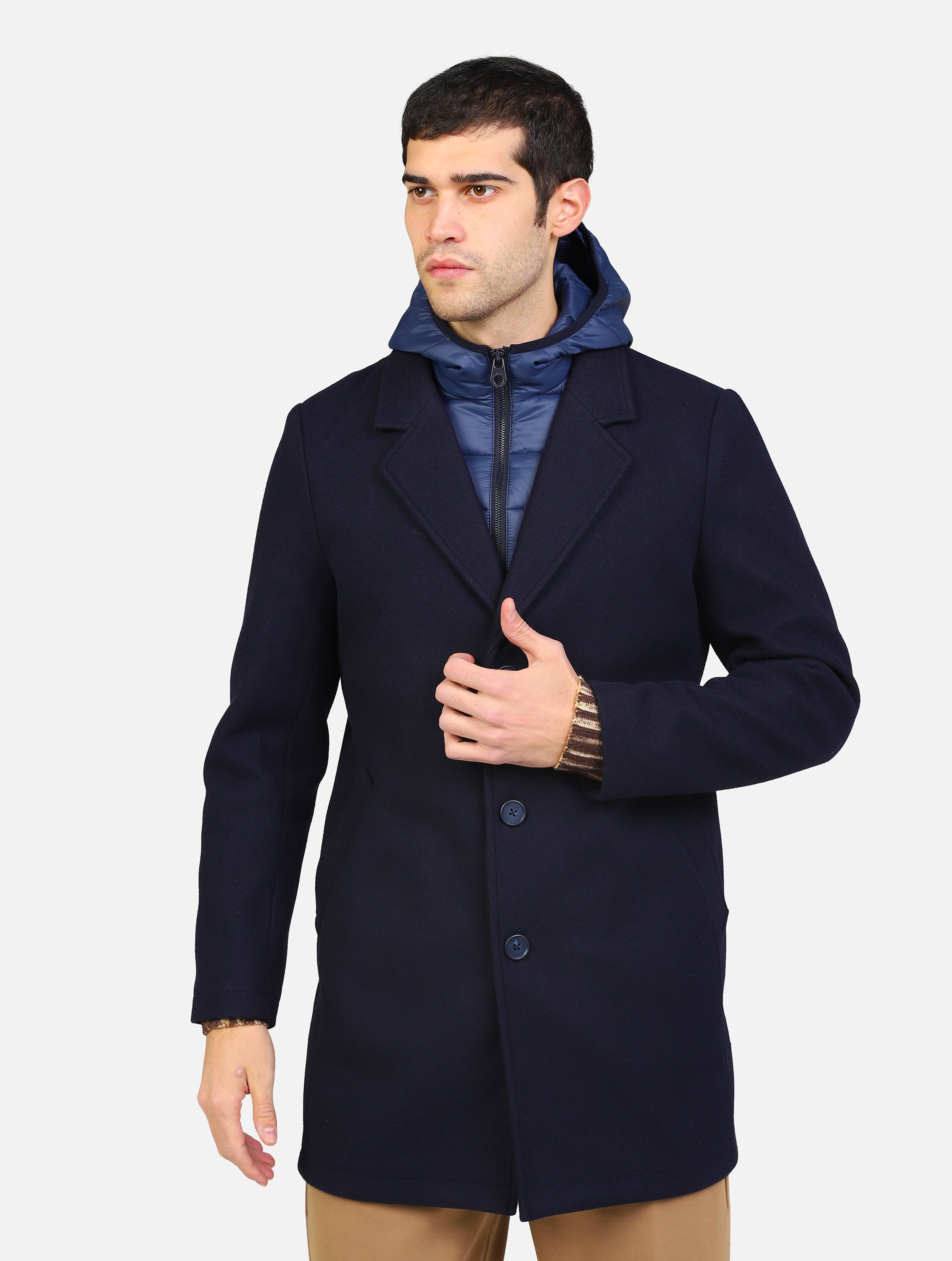 Giubbotto modello coat con cappuccio removibile blu uomo 