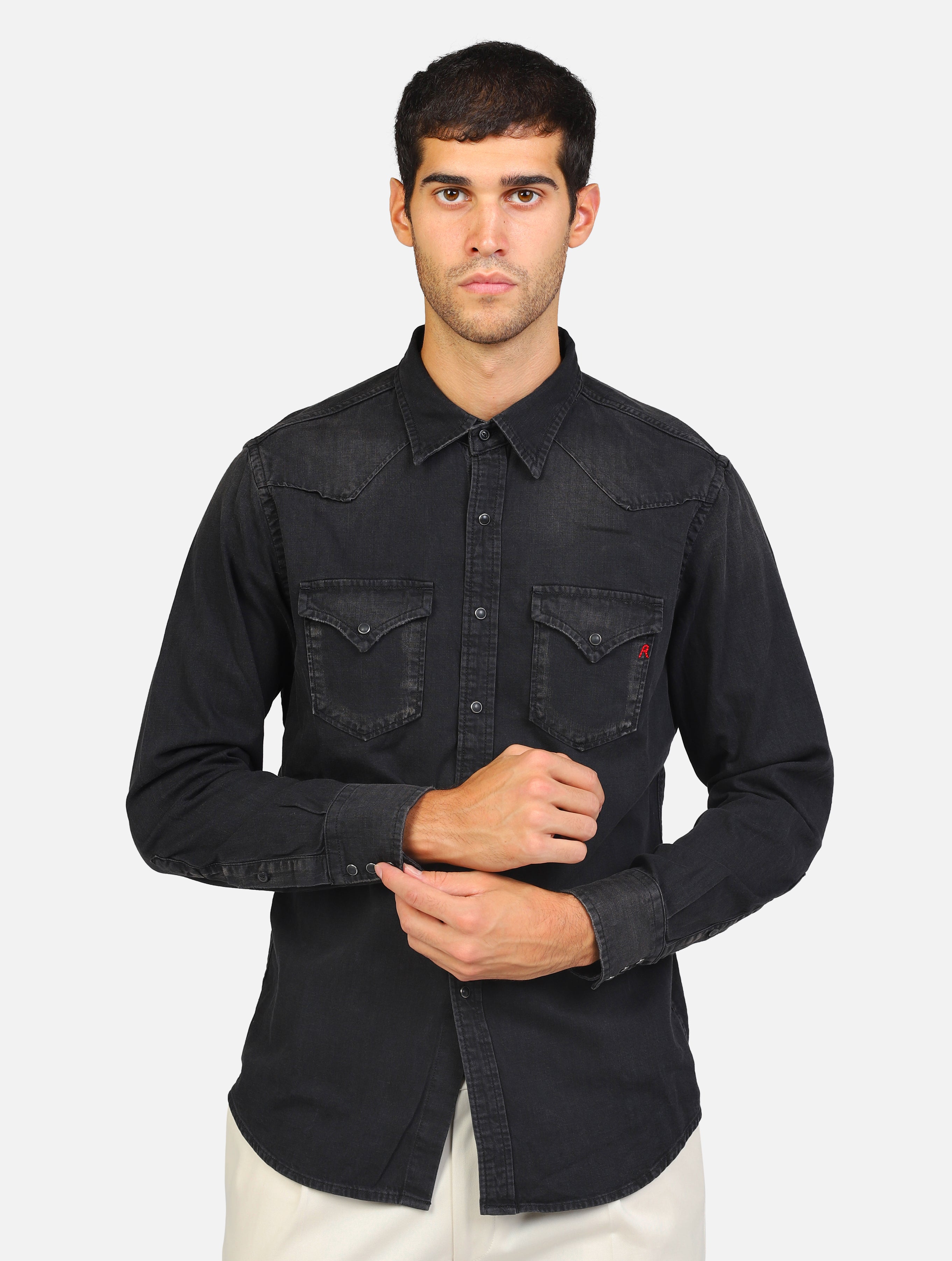 Camicia denim regular fit nero uomo 