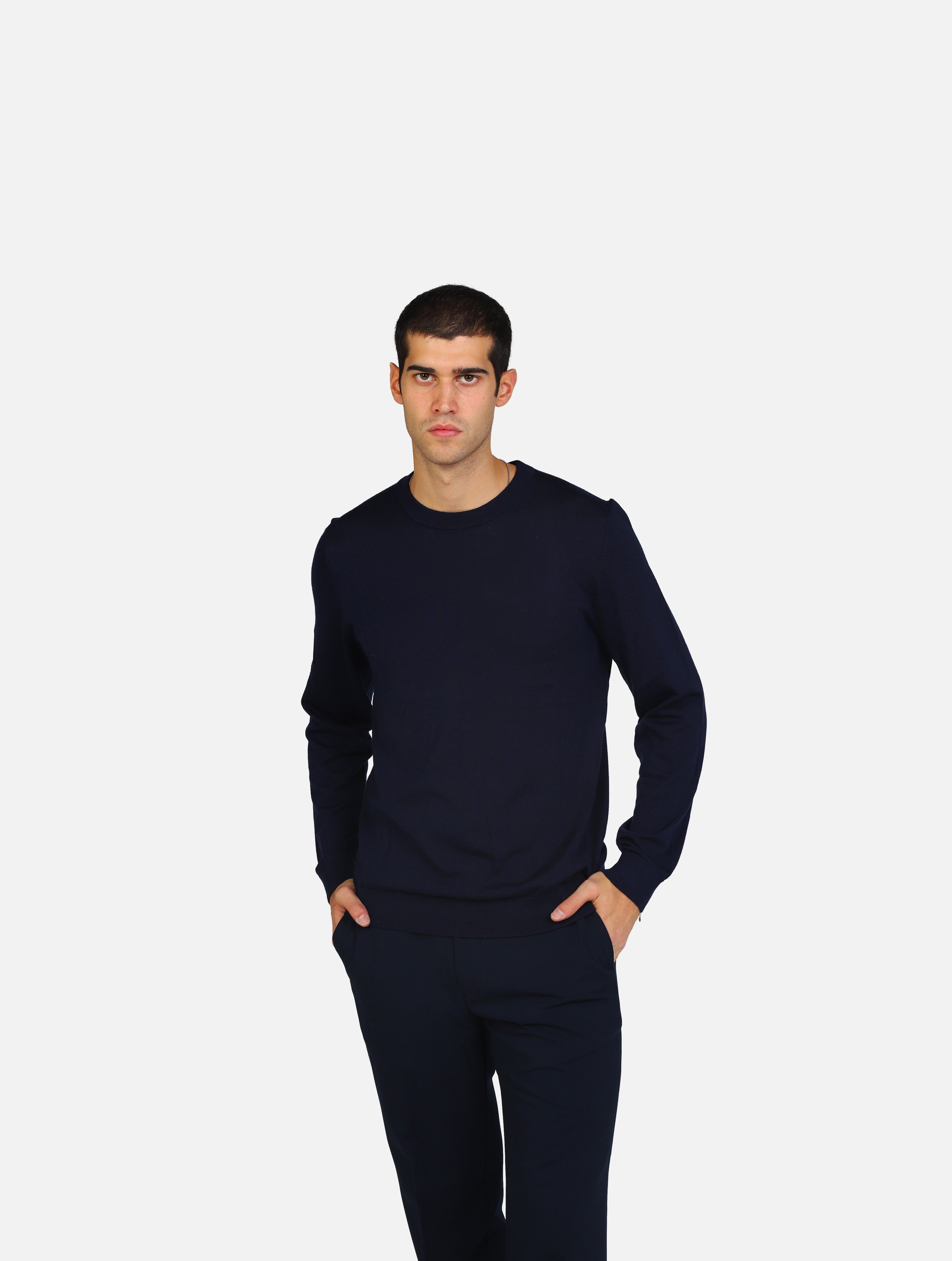 Maglia girocollo classica in pura lana merino blu navy uomo 