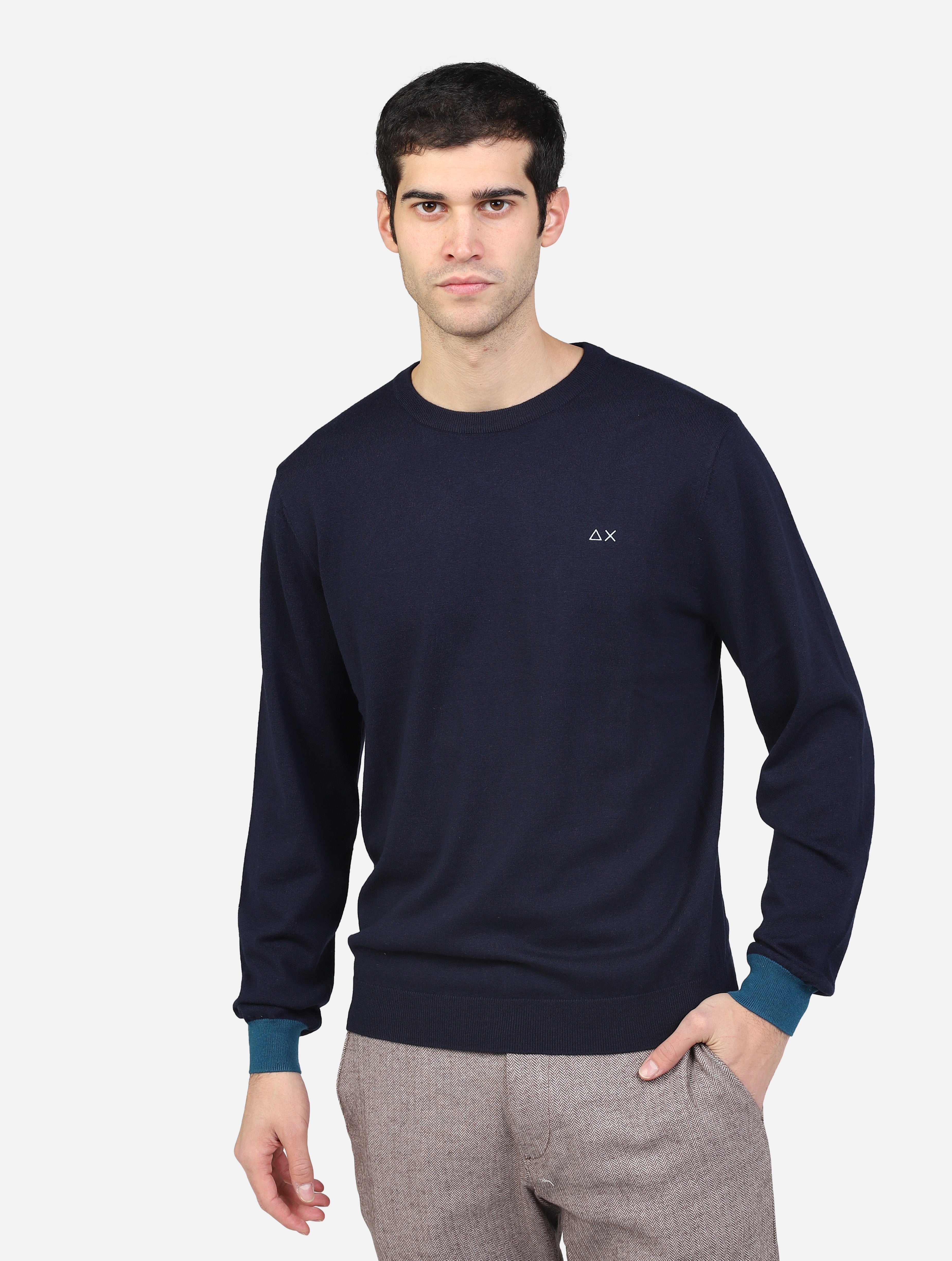 Maglia girocollo con polsino a contrasto navy blue uomo 