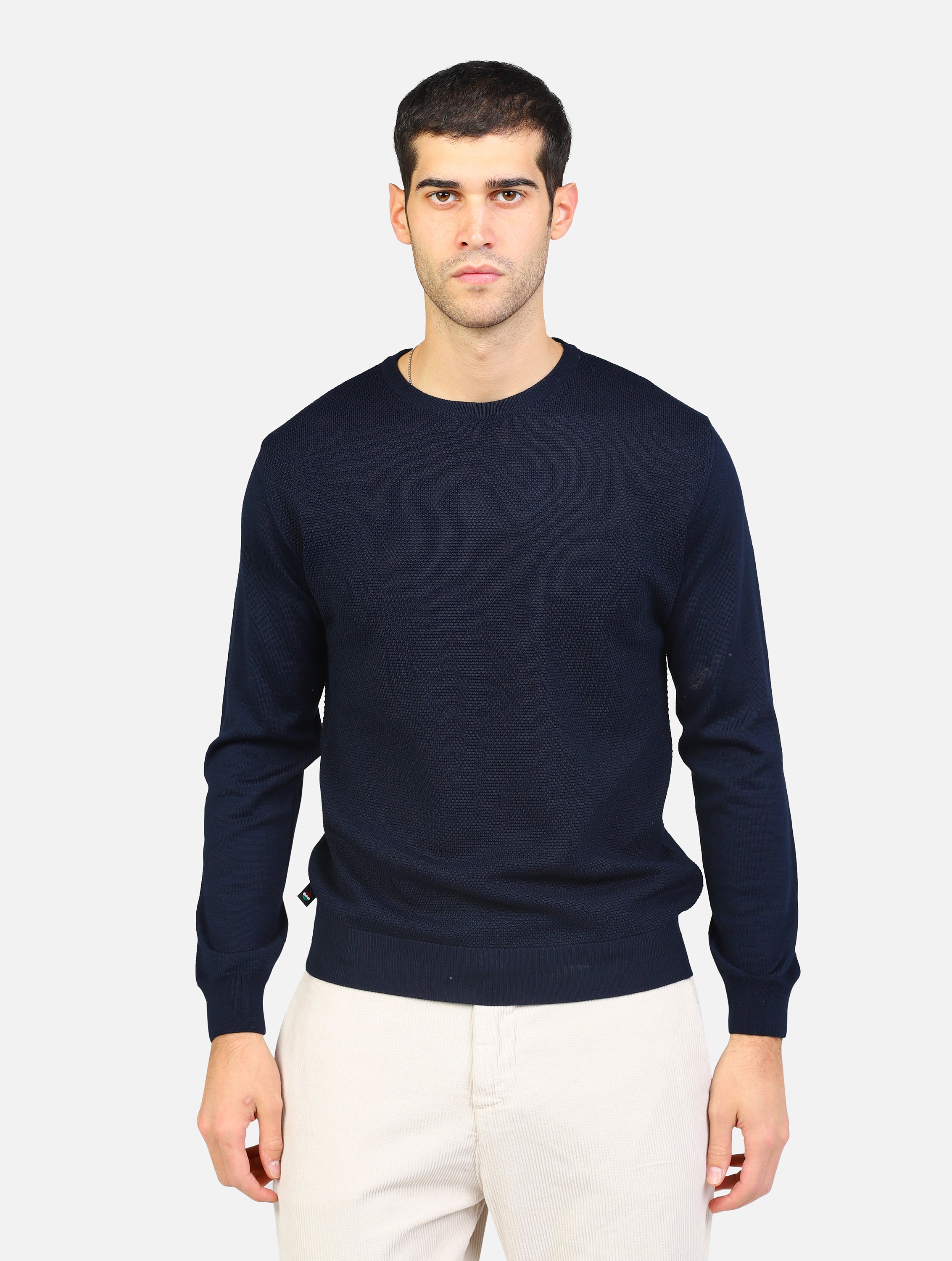 Maglione merino punto riso con toppe blu uomo 