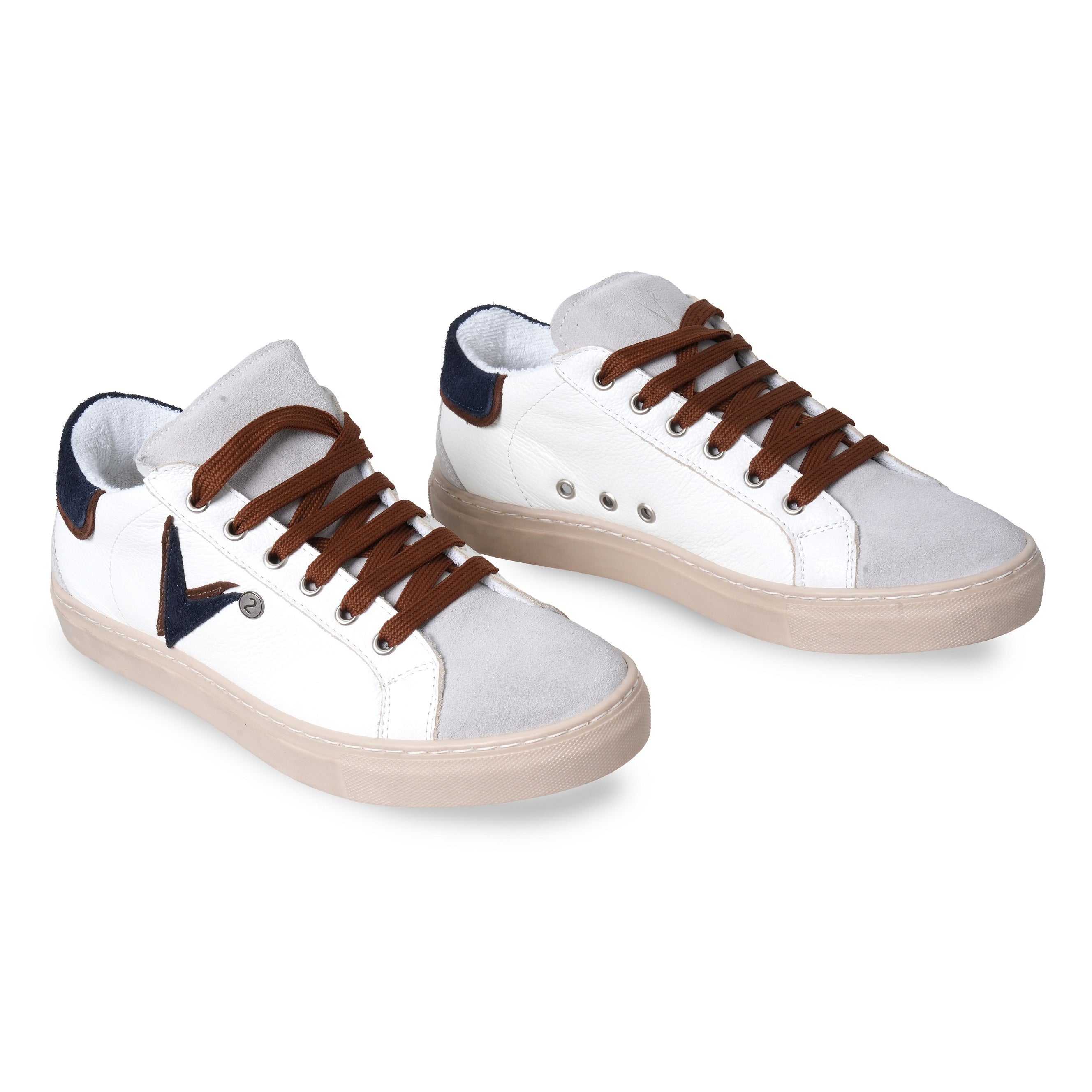 Olympic v - sneakers a suola bassa in pelle martellata con inserto e retro bicolor blu e moro bianco uomo 