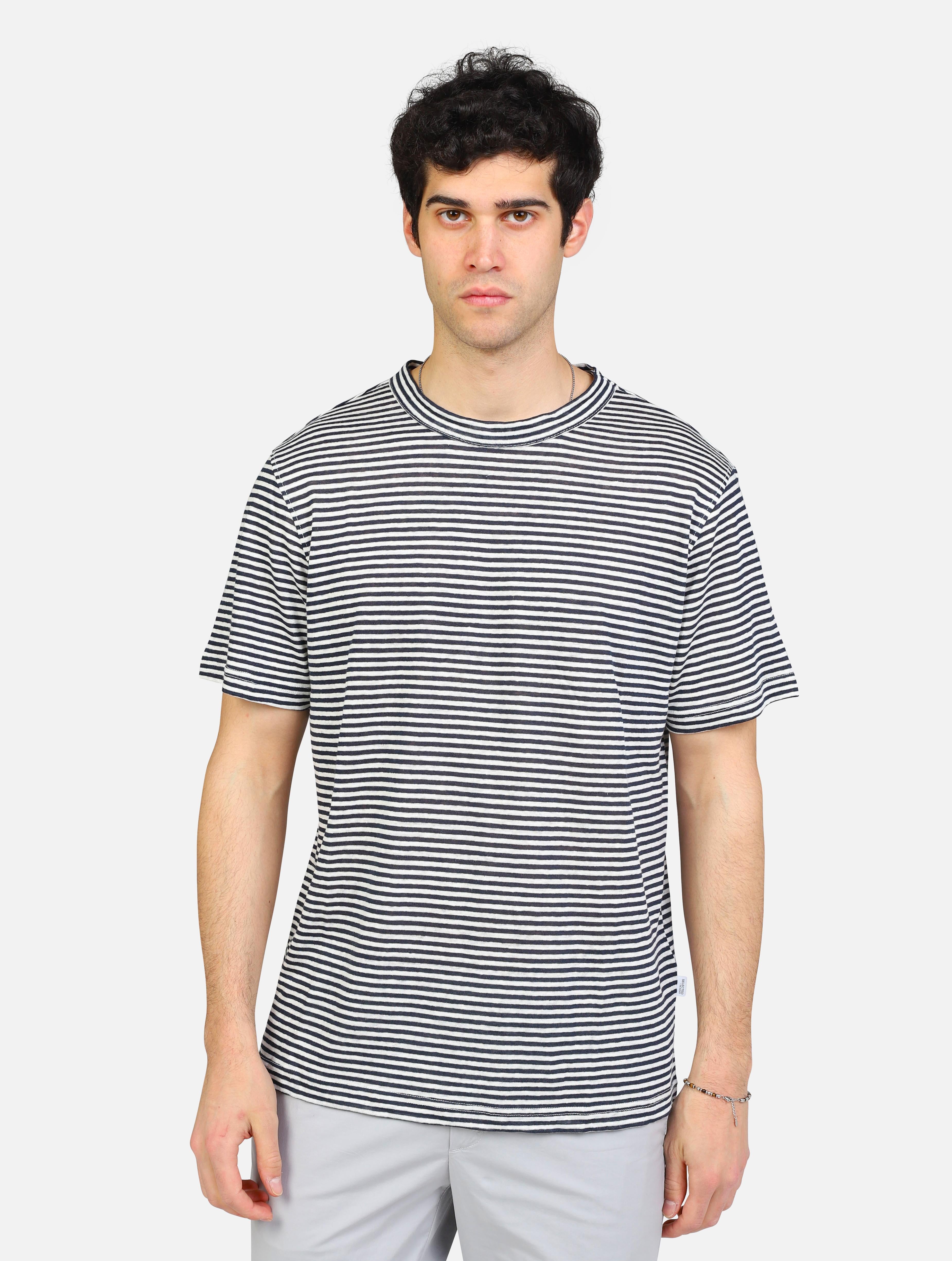 Art 16097086: maglia in puro lino a strisce orizzontali bianco blu uomo 