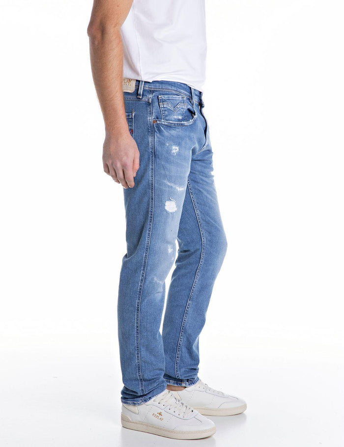 art. m914y: jeans sustainable lab super stretch denim con rotture ed abrasioni