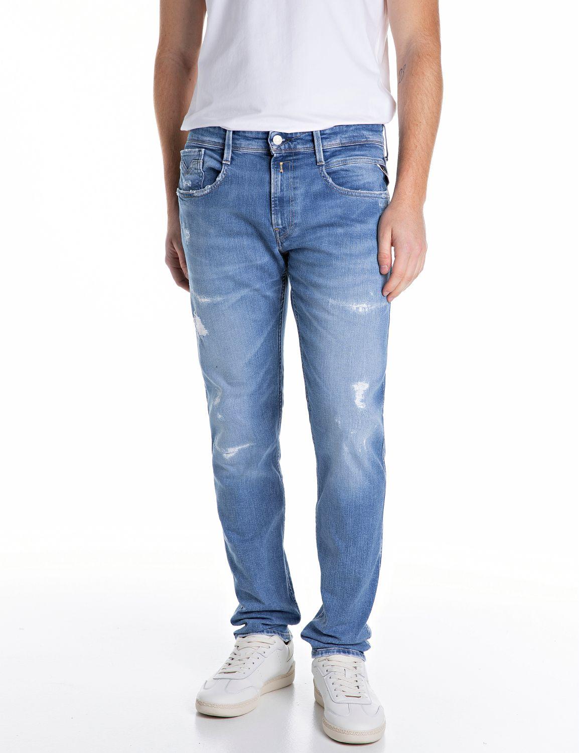 art. m914y: jeans sustainable lab super stretch denim con rotture ed abrasioni