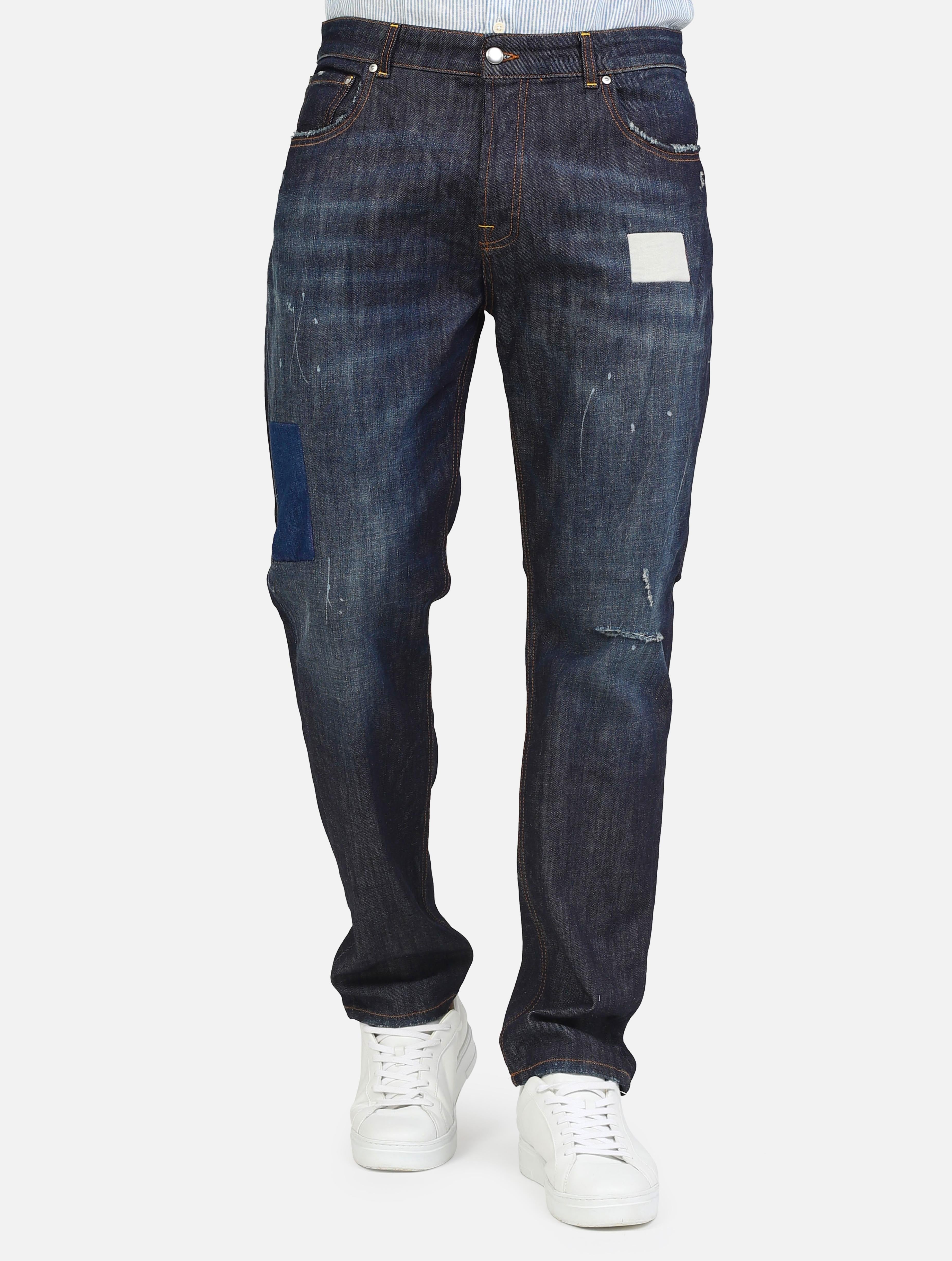 Art 19016138: jeans con ab5rasioni, cuciture e toppe denim scuro uomo 