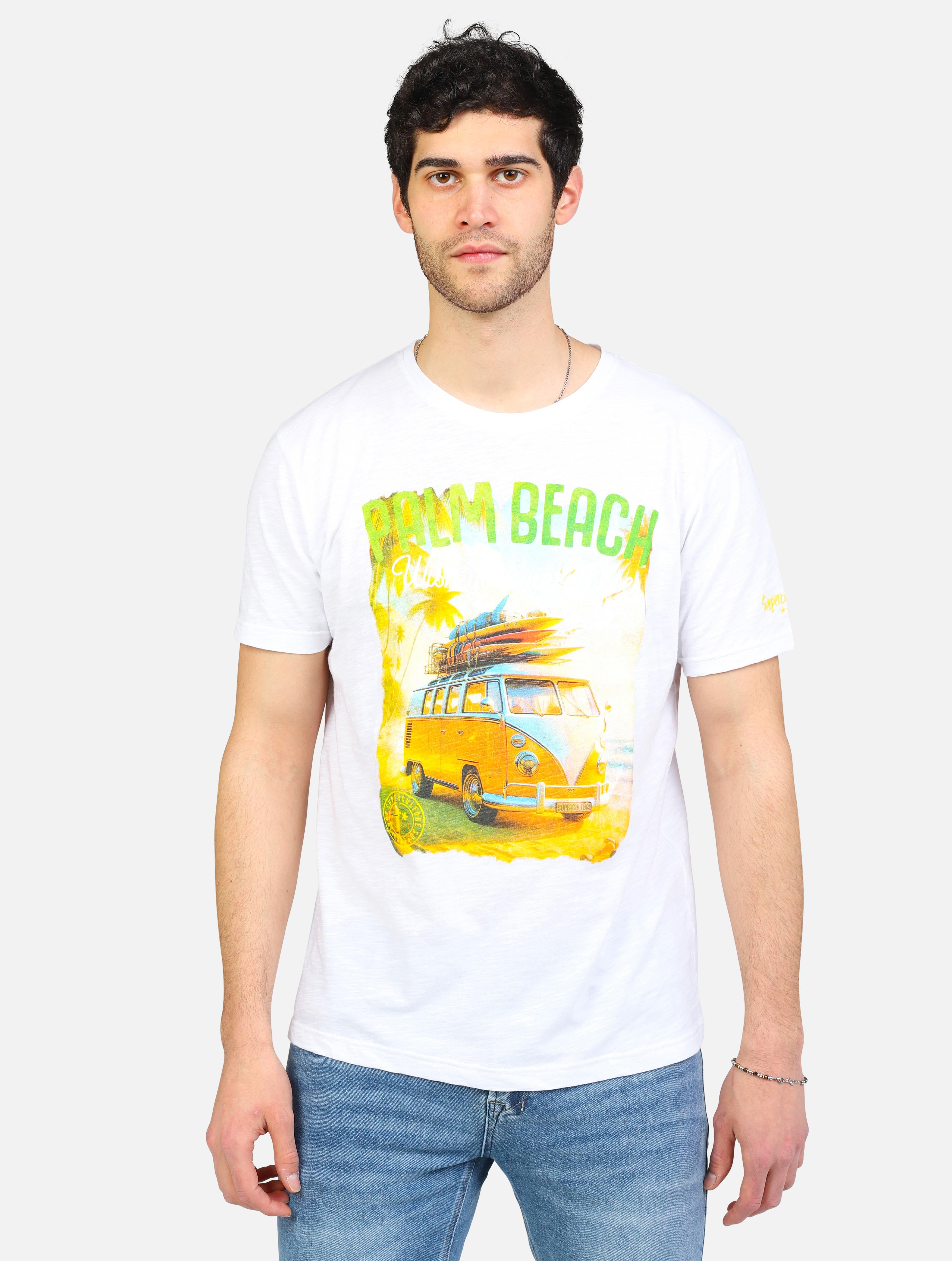 Art a1057: t-shirt girocollo cotone fiammato con stampa palm beach, regular fit white uomo 