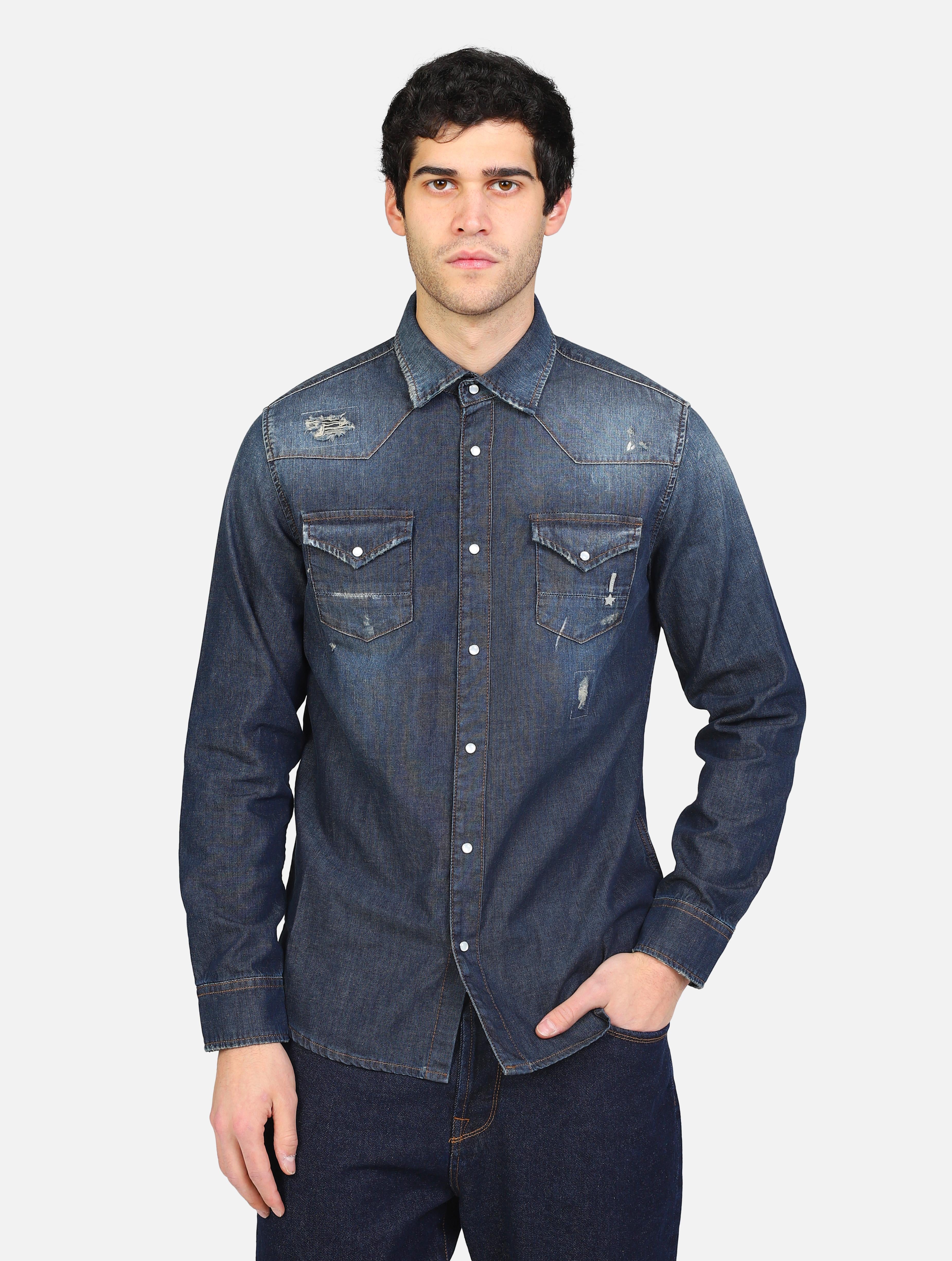 Art 12516147: camicia jeans con chiusura a bottoni e due taschini, rotture e abrasioni denim scuro uomo 