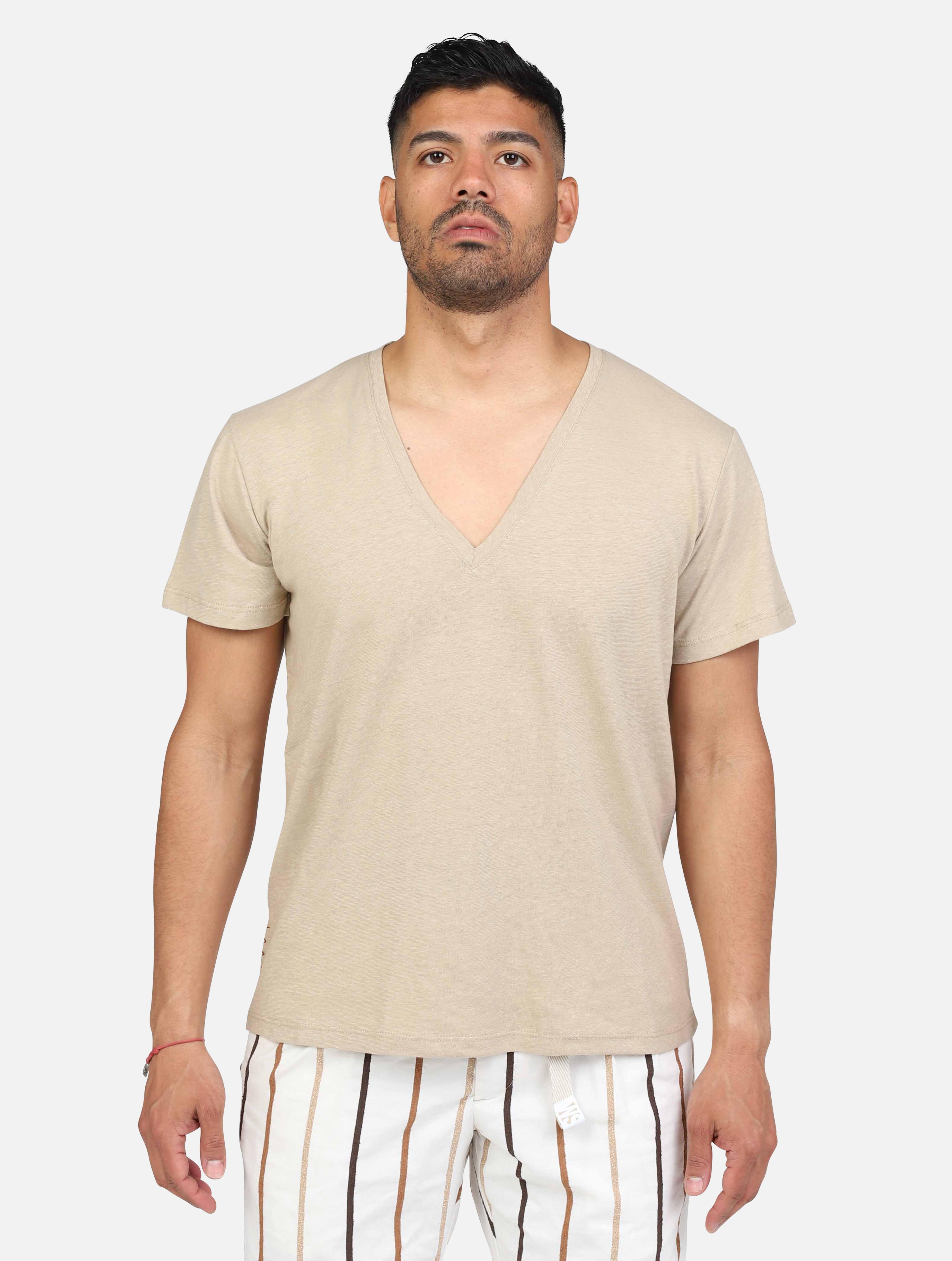 art. b6d0072: t-shirt collo a v misto lino