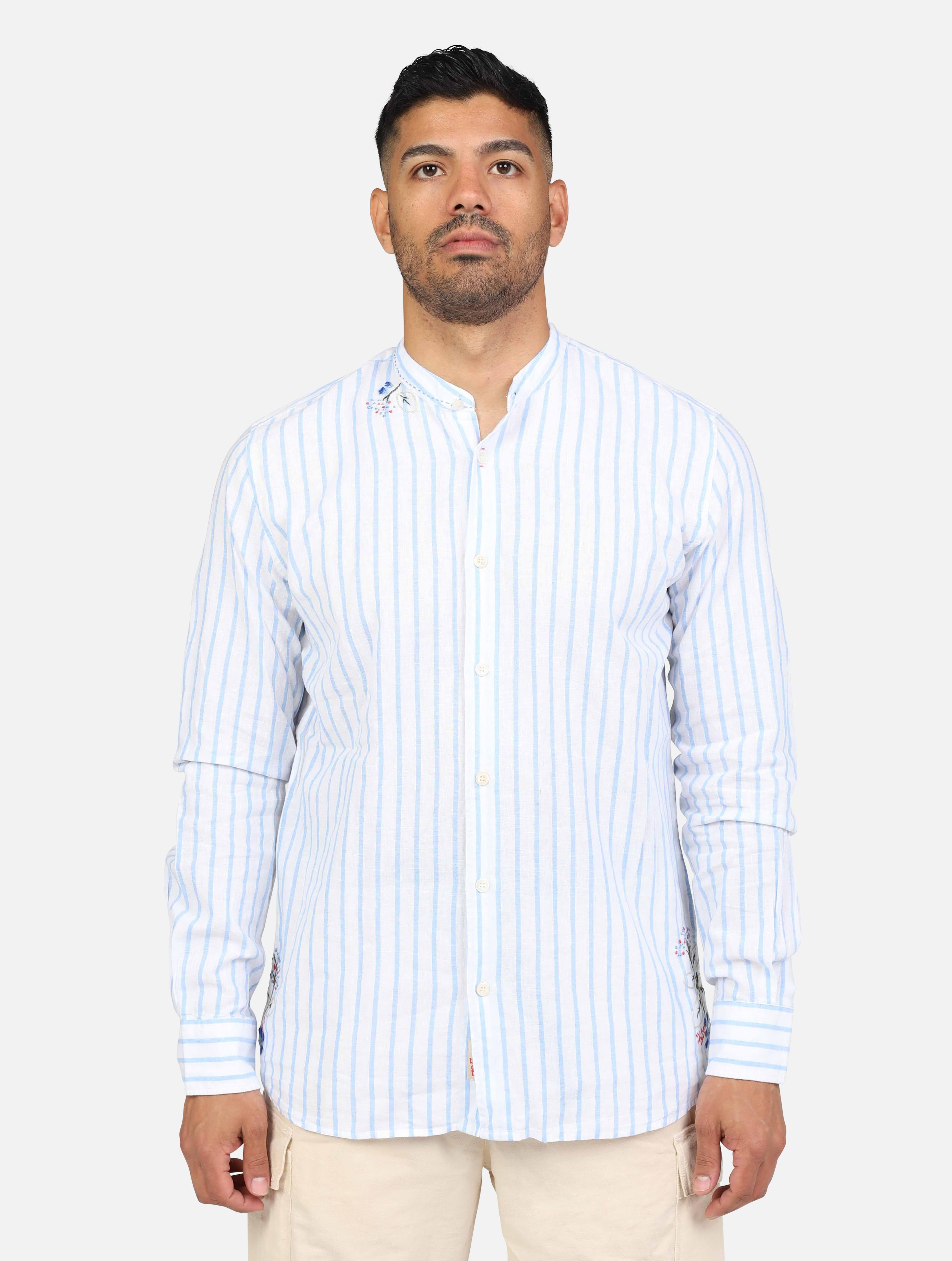 art. korea416: camicia collo coreana tessuto ricamato a mano