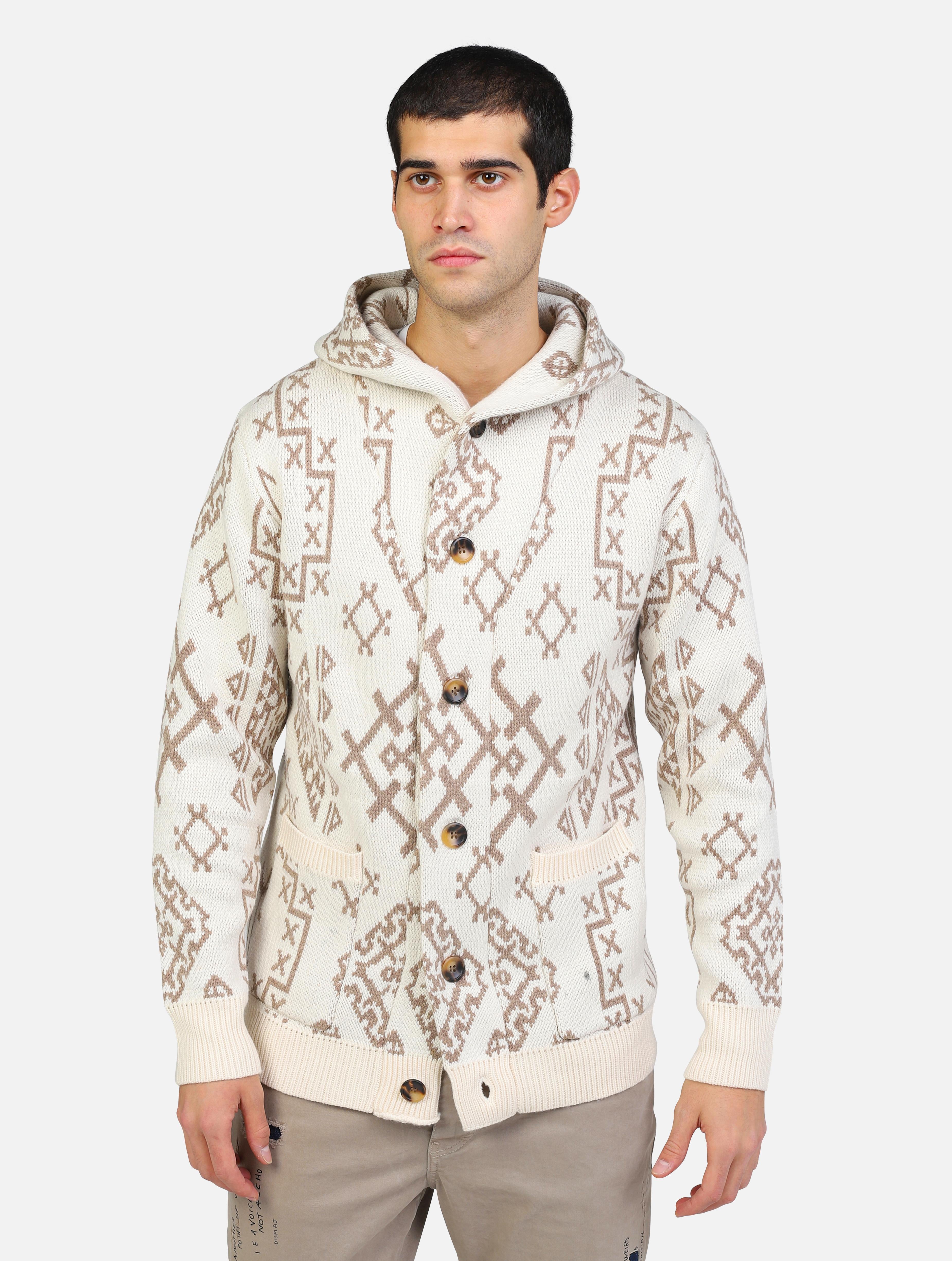 cardigan con chiusura a sei bottoni, due tasche anteriori e cappuccio