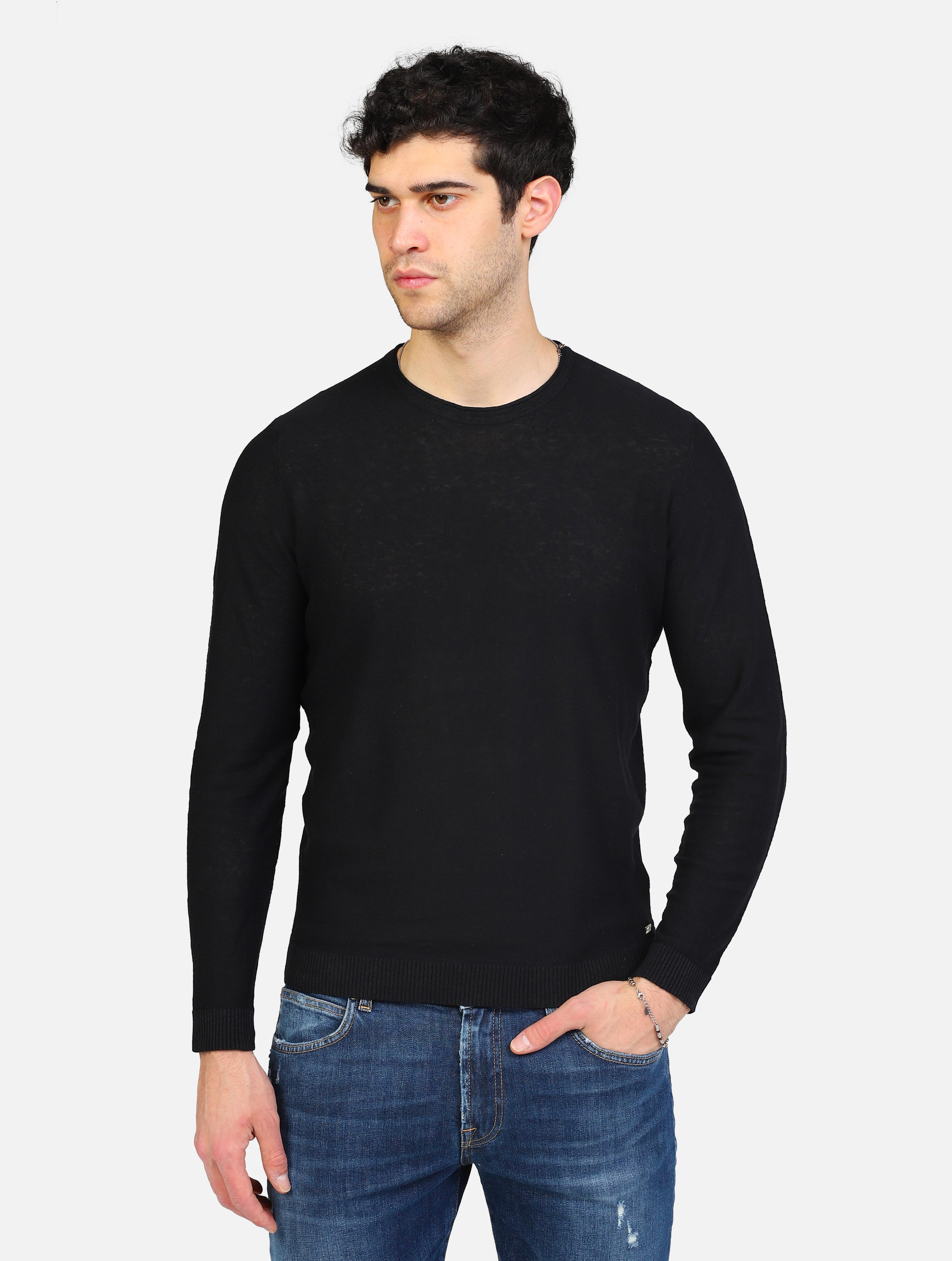 Art mk890014: maglia girocollo  manica lunga misto lino nero uomo 