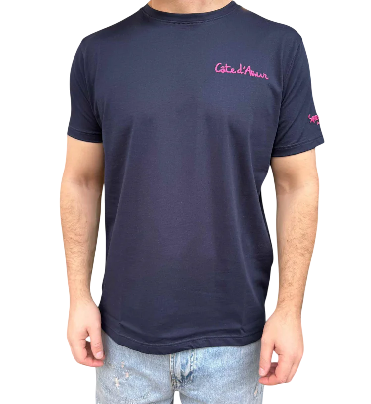 art. a1059: t-shirt con ricamo catenella lato cuore e stampa retro cote d'azur; regular fit