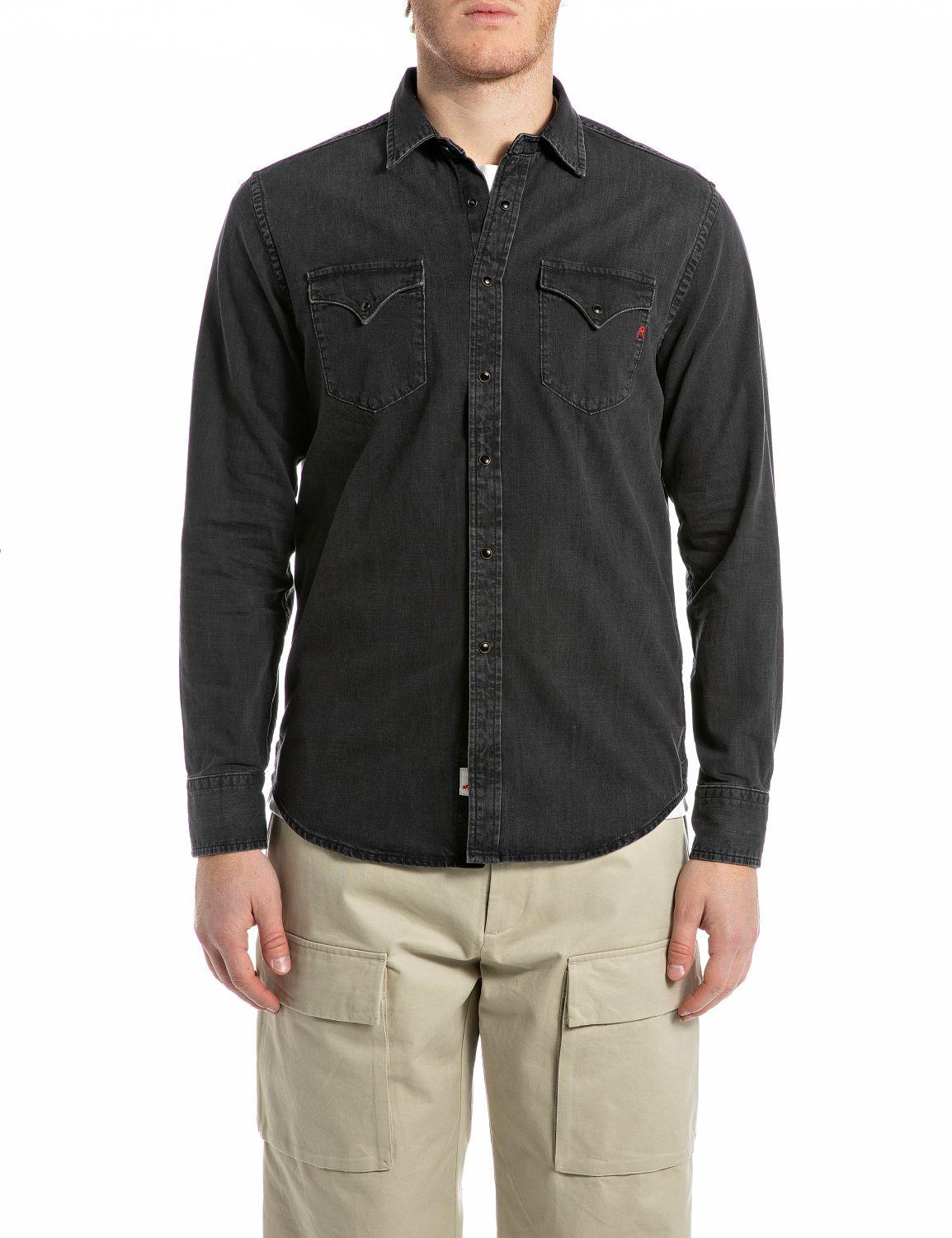 Camicia jeans bottoni clip a vista nero uomo 