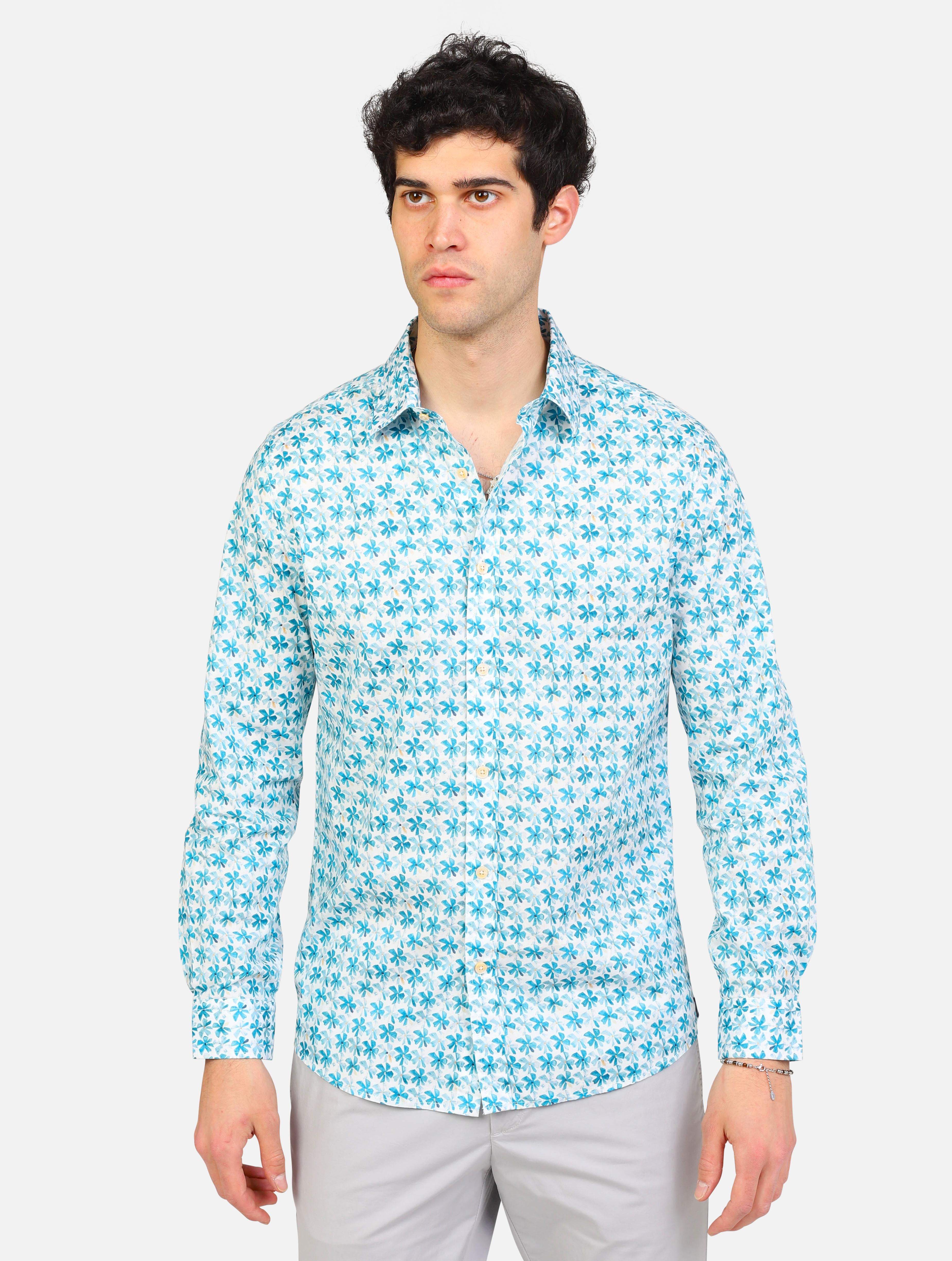 Art mk893069: camicia manica lunga collo italiano con stampa floreale bianco celeste uomo 