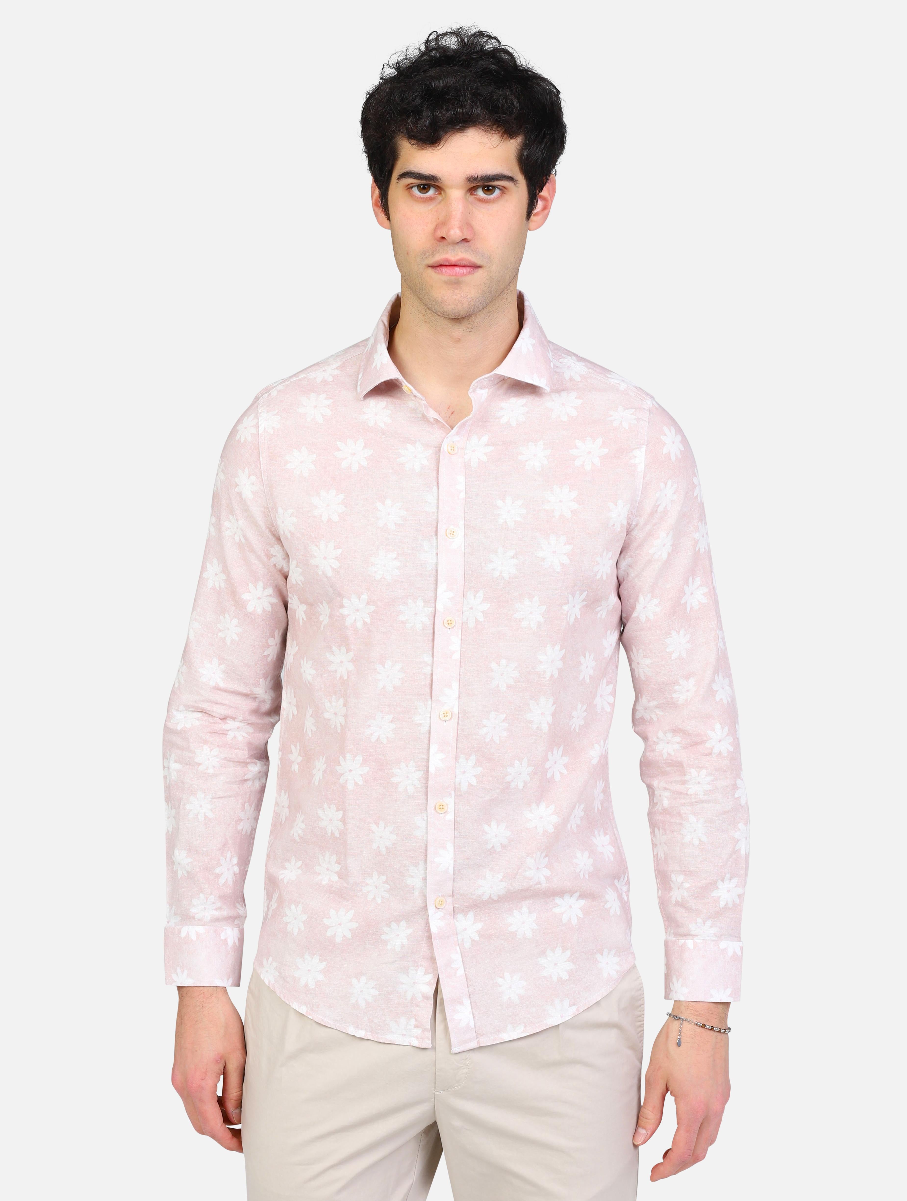 art. mk893066: camicia manica lunga collo francese lino con stampa floreale