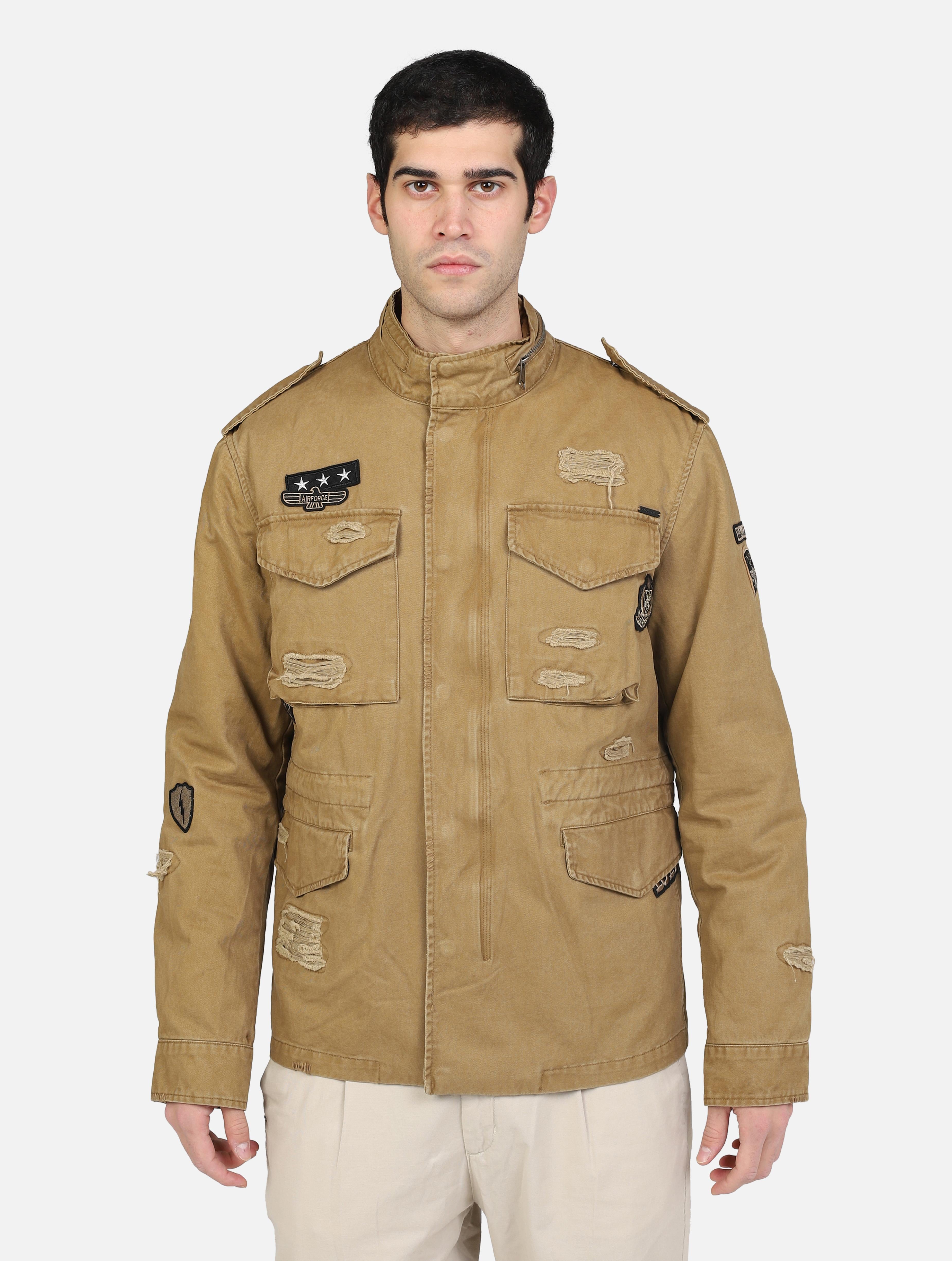 Sahariana imbottita con chiusura zip e bottoni, quattrotasche con cuciture e rotture brown uomo 