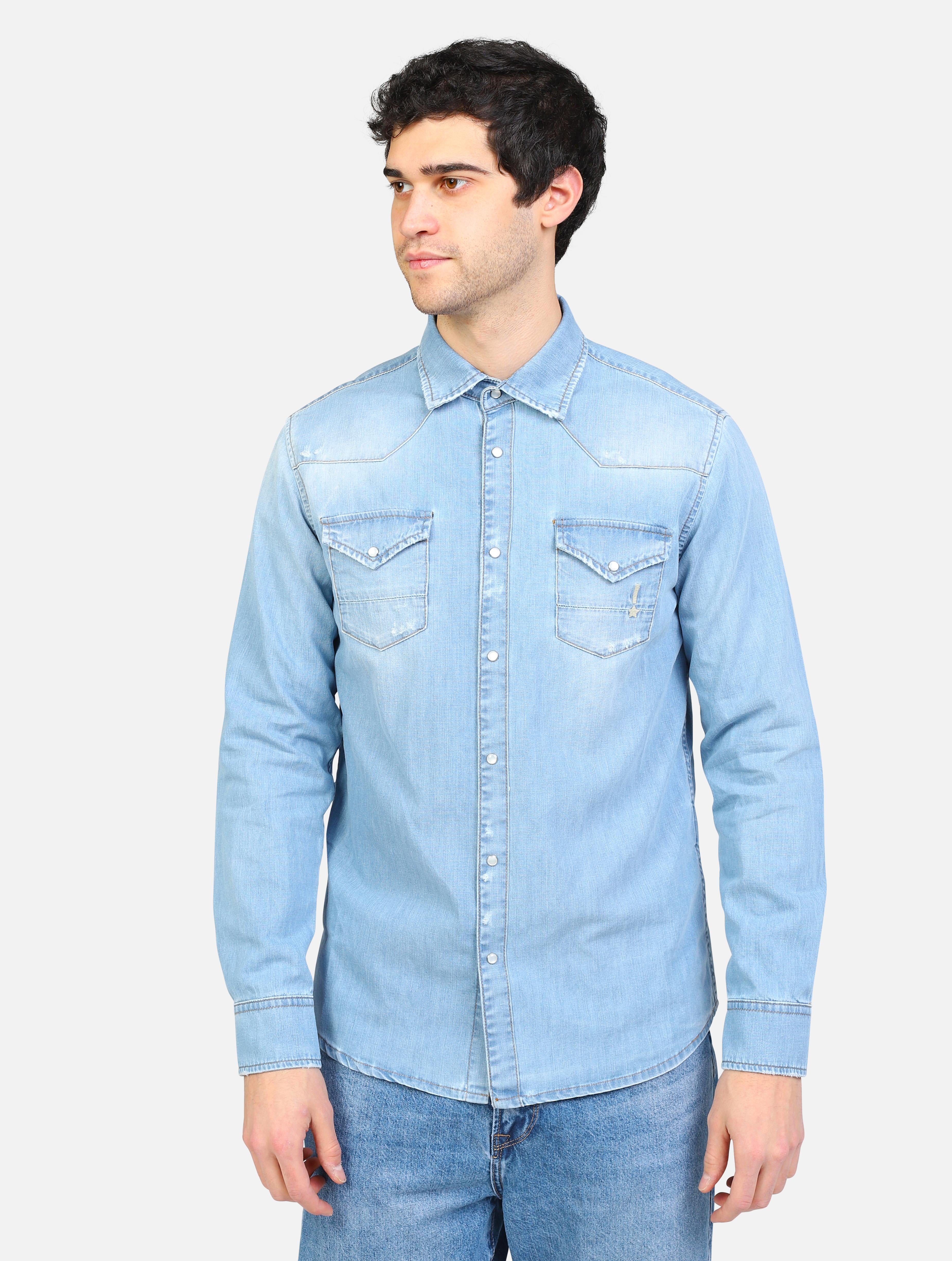 Art 12516124: camicia jeans con chiusura a bottoni e due taschini denim chiaro uomo 