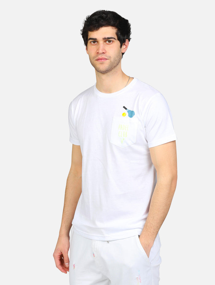 art. tubipad: t-shirt con piccolo disegno racchetta padel e scritta sul taschino