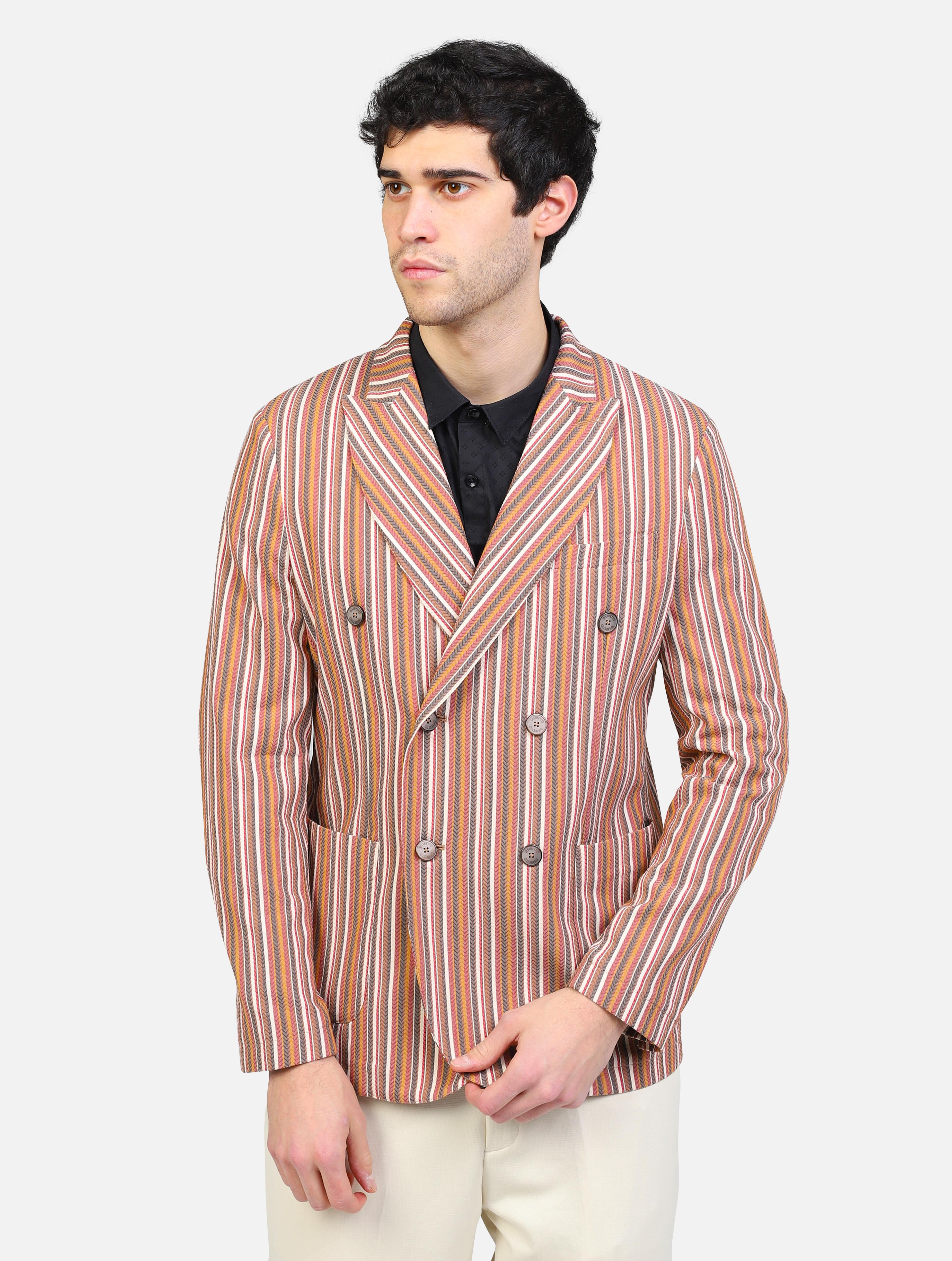 Giacca doppio petto con fantasia a righe verticali, doppia tasca e taschino white orange uomo 