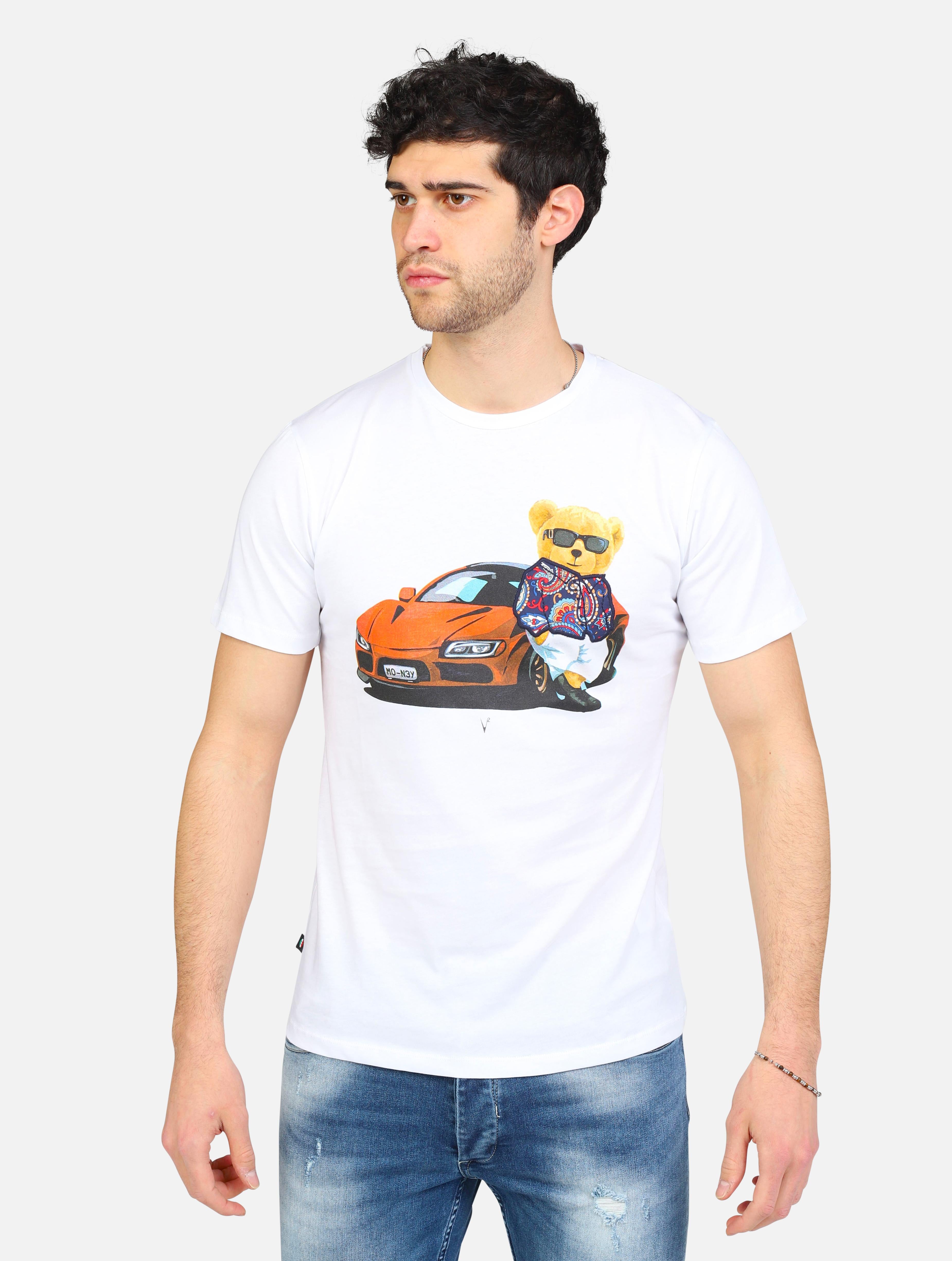 Art tubited7: t-shirt girocollo con stampa teddy auto bianco uomo 
