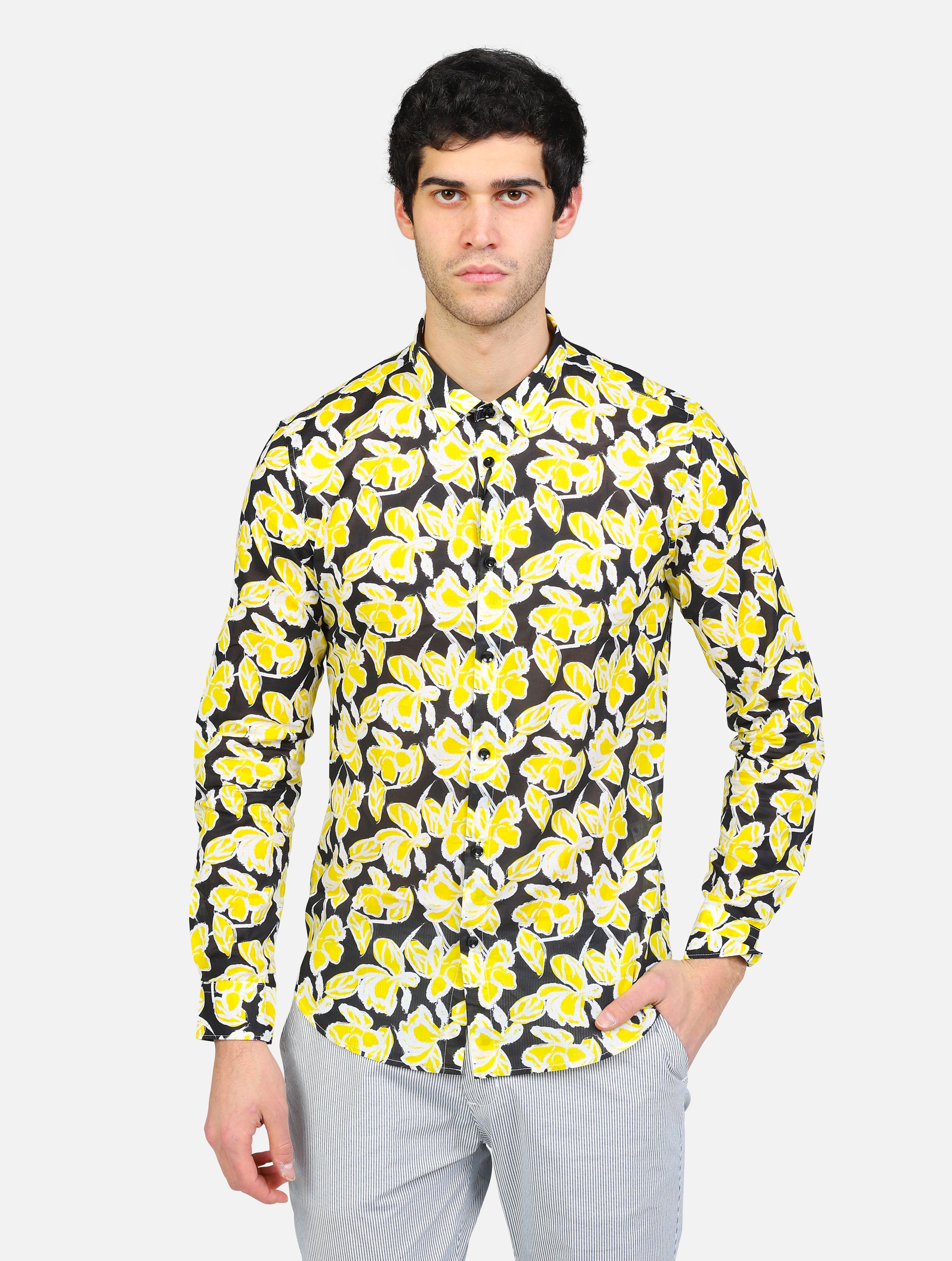 Art gl120da: camicia collo piccolo con fantasia floreale nero-giallo uomo 