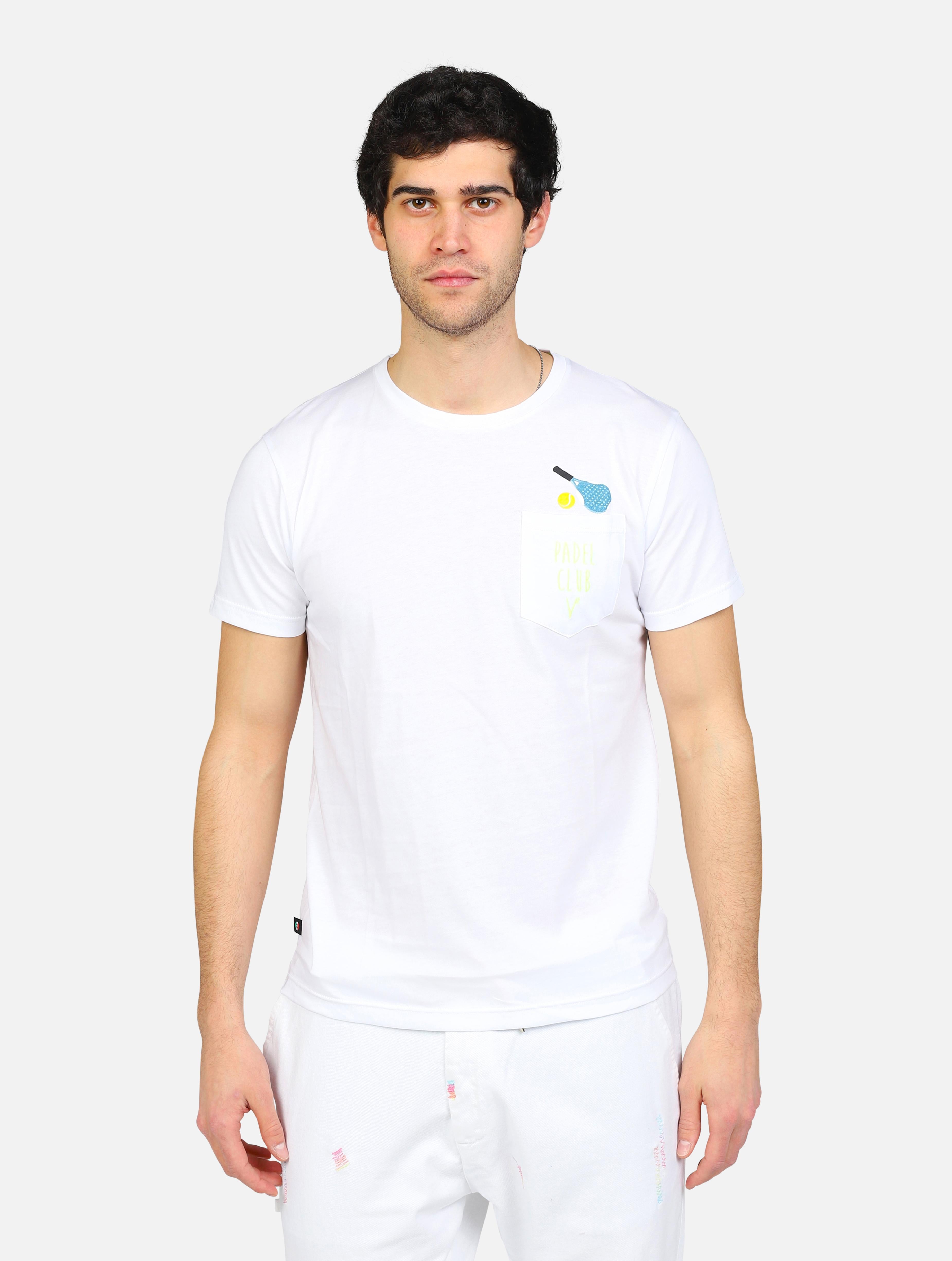 Art tubipad: t-shirt con piccolo disegno racchetta padel e scritta sul taschino white uomo 