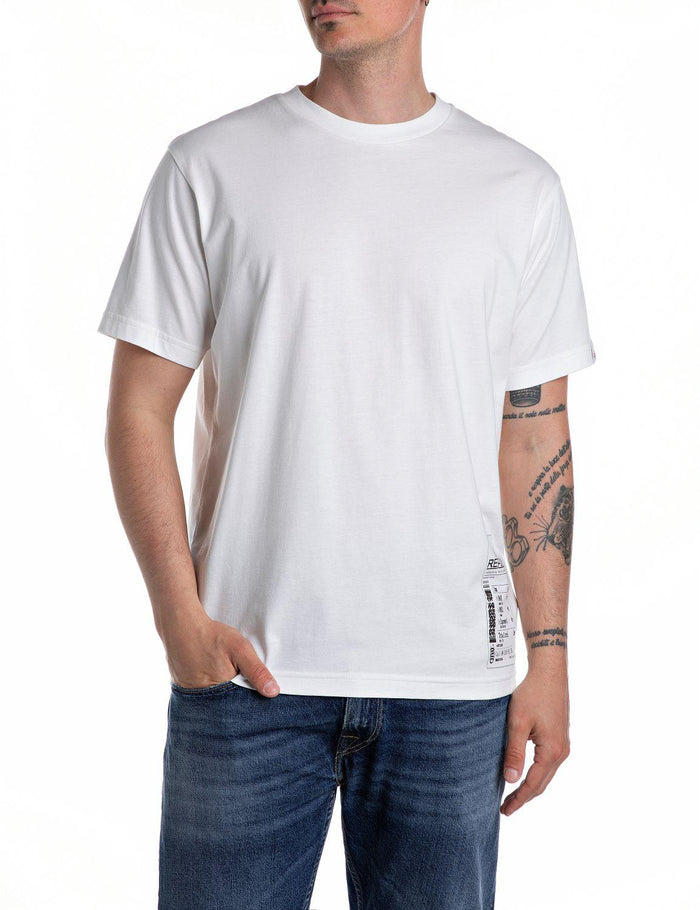 t-shirt girocollo con scritta fronte e stampa retro