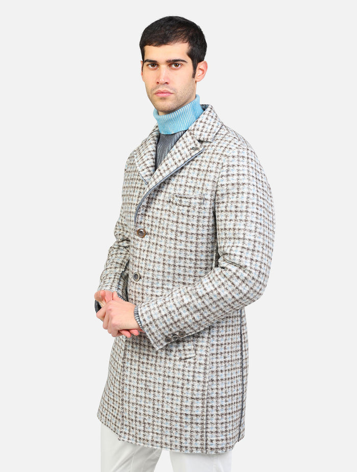 cappotto monopetto tessuto a fantasia, chiusura tre bottini, tasche a taglio