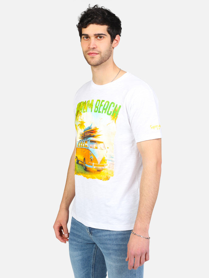 art. a1057: t-shirt girocollo cotone fiammato con stampa palm beach, regular fit