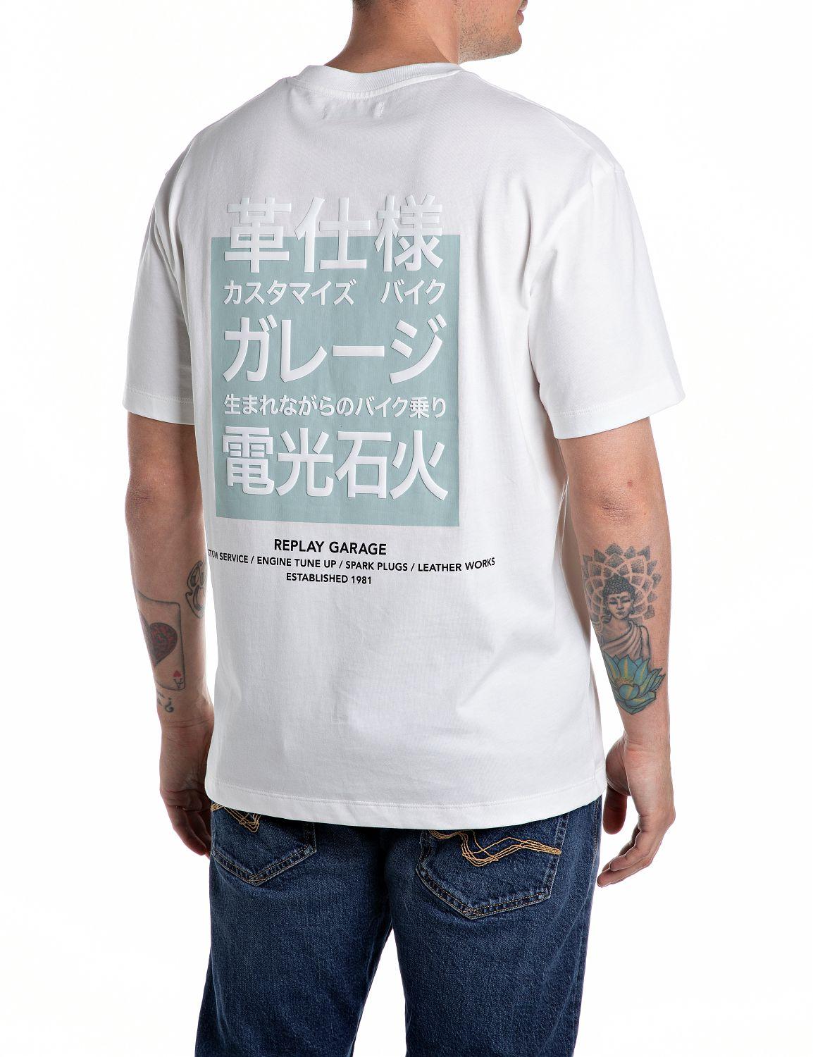 T-shirt girocollo con scritta fronte e stampa retro bianco uomo 