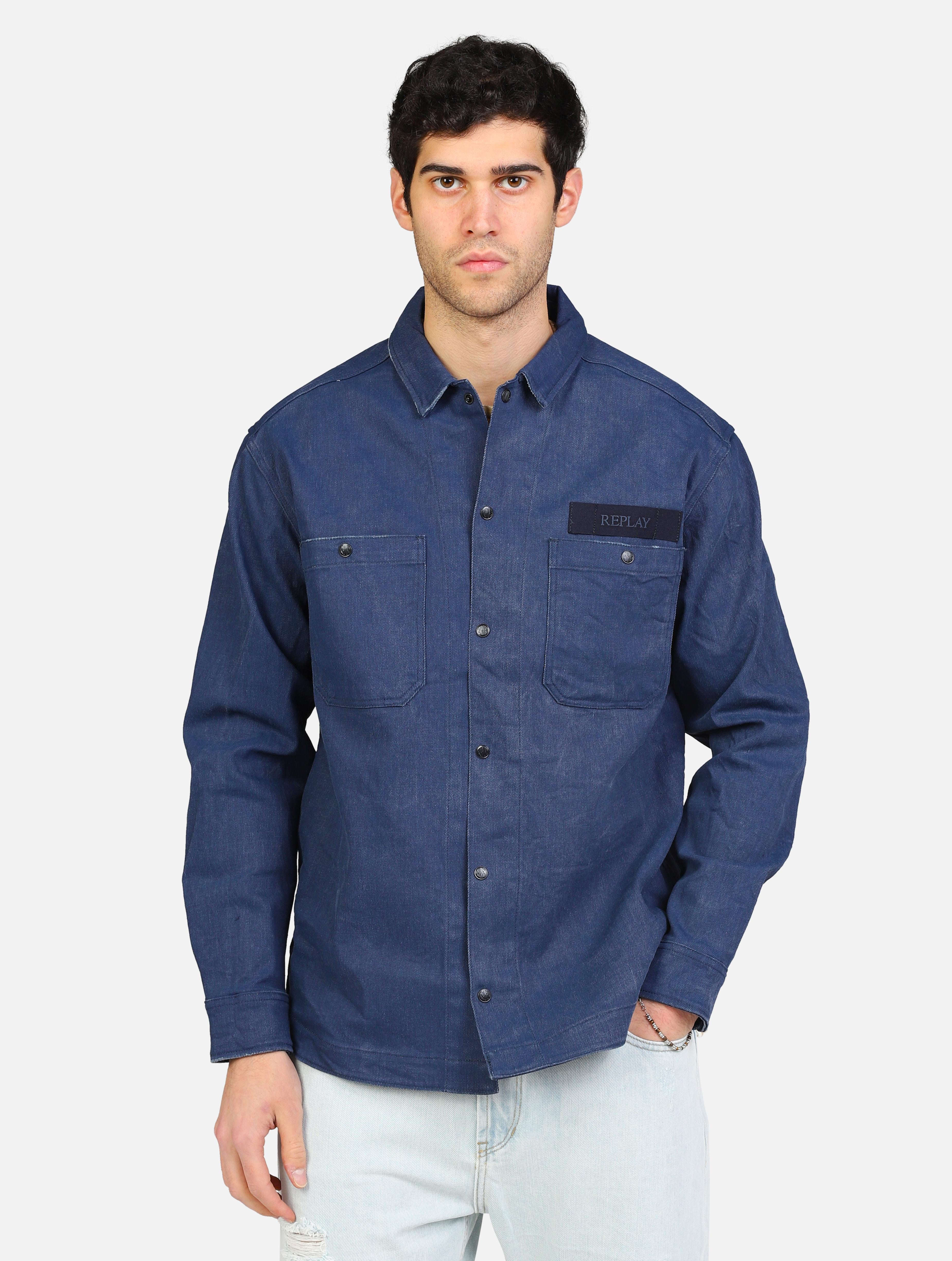 Art m4145: camicia jeans con chiusura a bottoni e doppio taschino denim scuro uomo 
