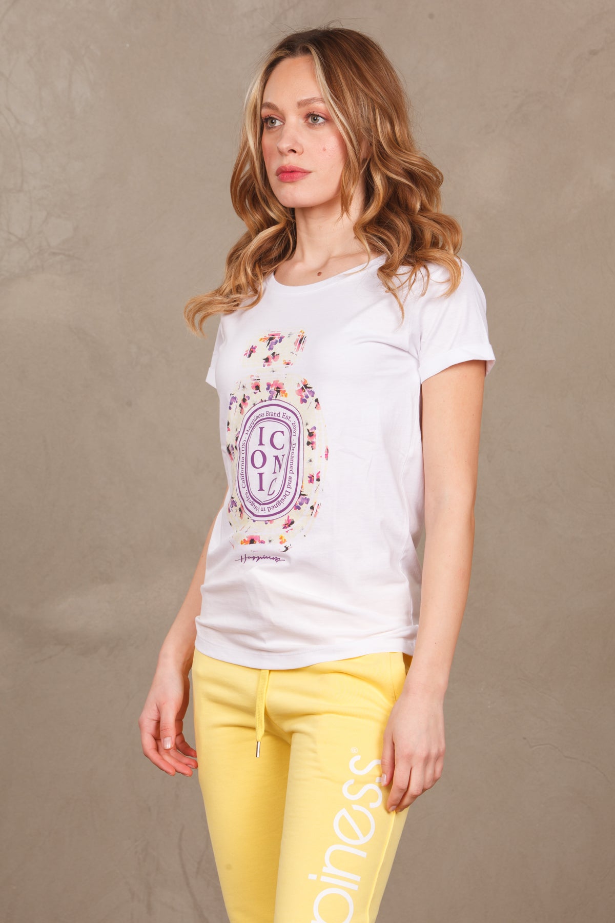 T-shirt paricollo con stampa iconic -  bianco donna 