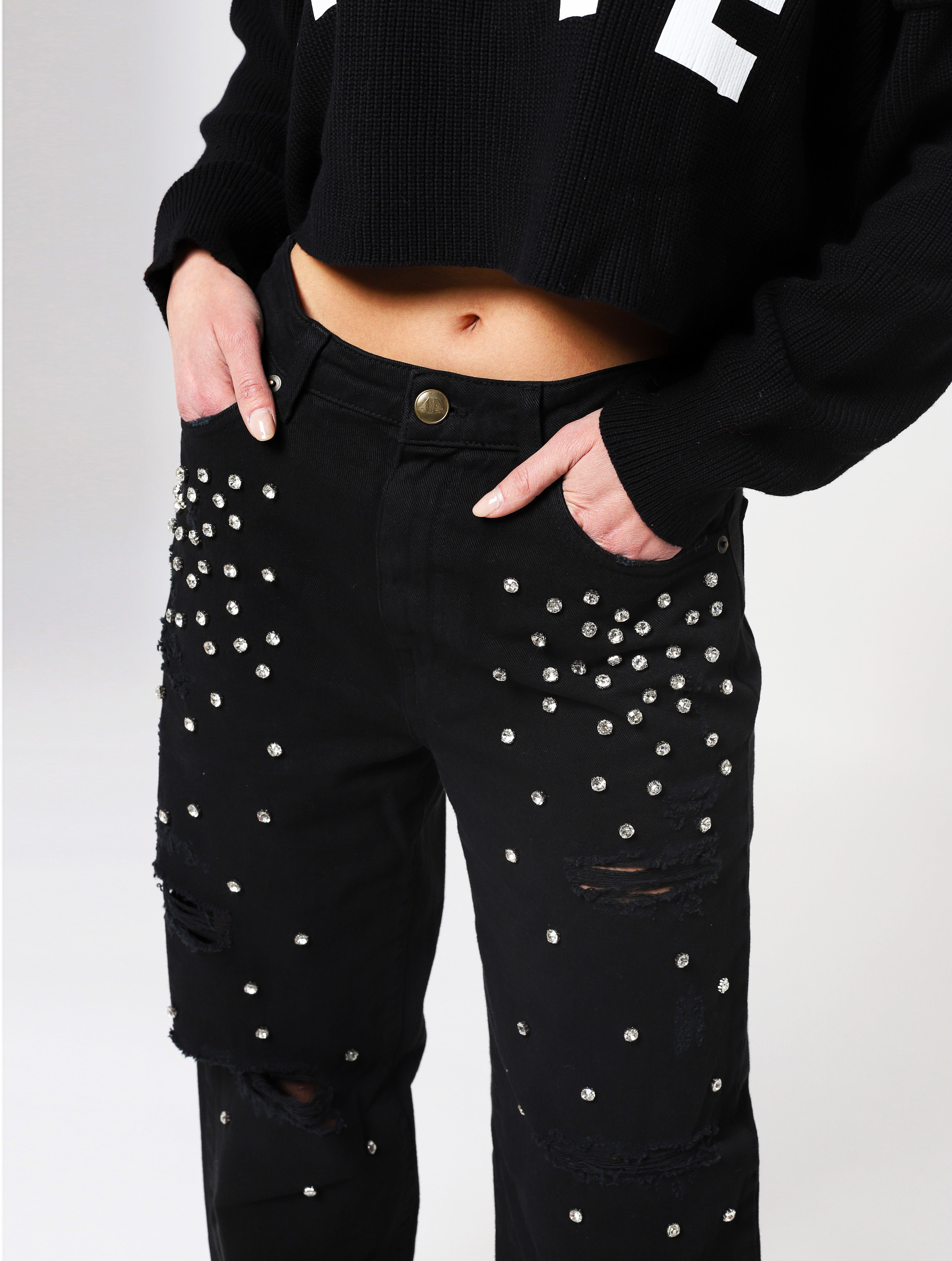 Jeans con 5 tasche, gioielli applicati e lacerazioni sulla parte frontale del pantalone, patch applicata posteriore piccola con nome del brand - nero donna  - 1
