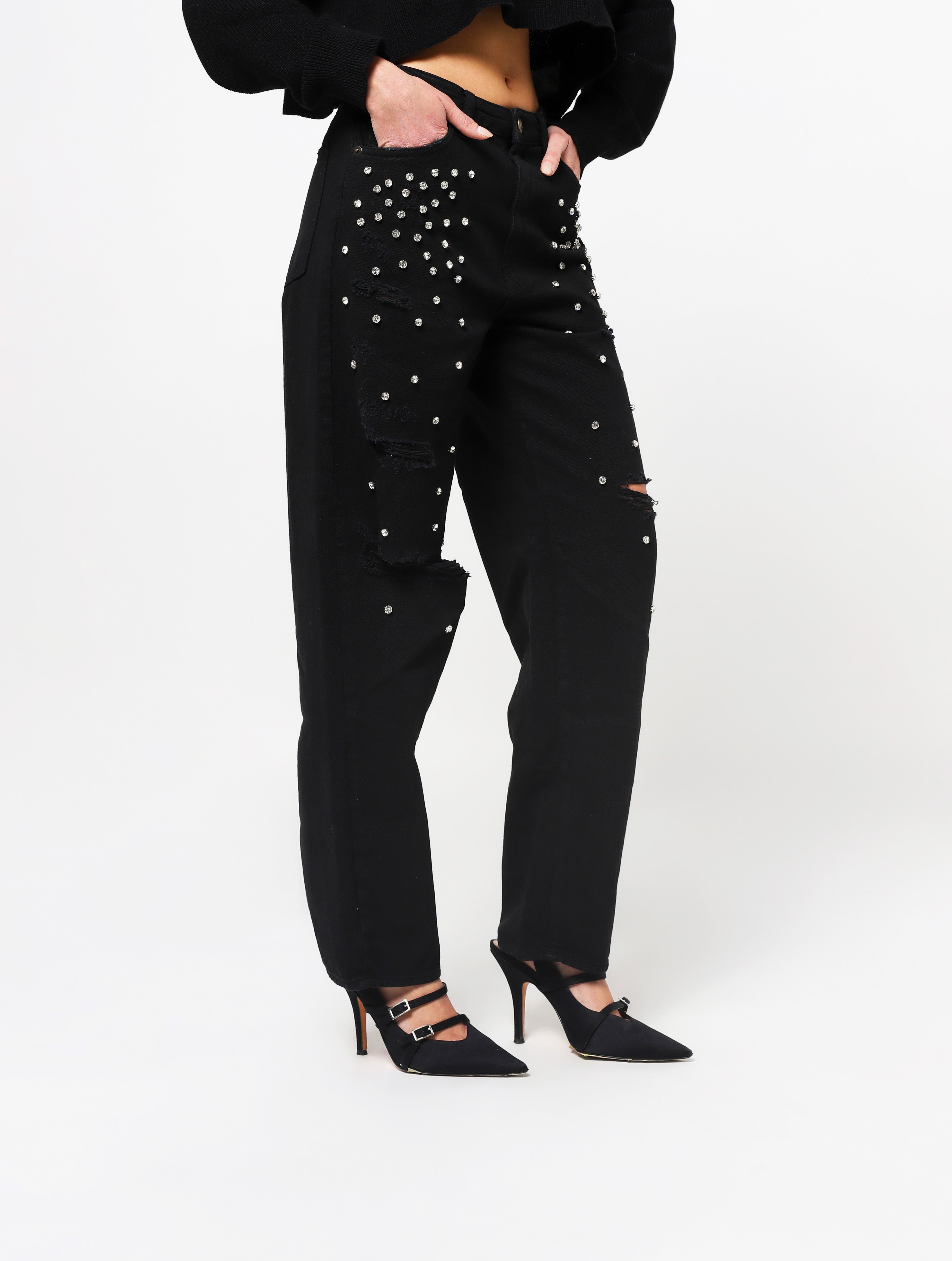 Jeans con 5 tasche, gioielli applicati e lacerazioni sulla parte frontale del pantalone, patch applicata posteriore piccola con nome del brand - nero donna  - 2