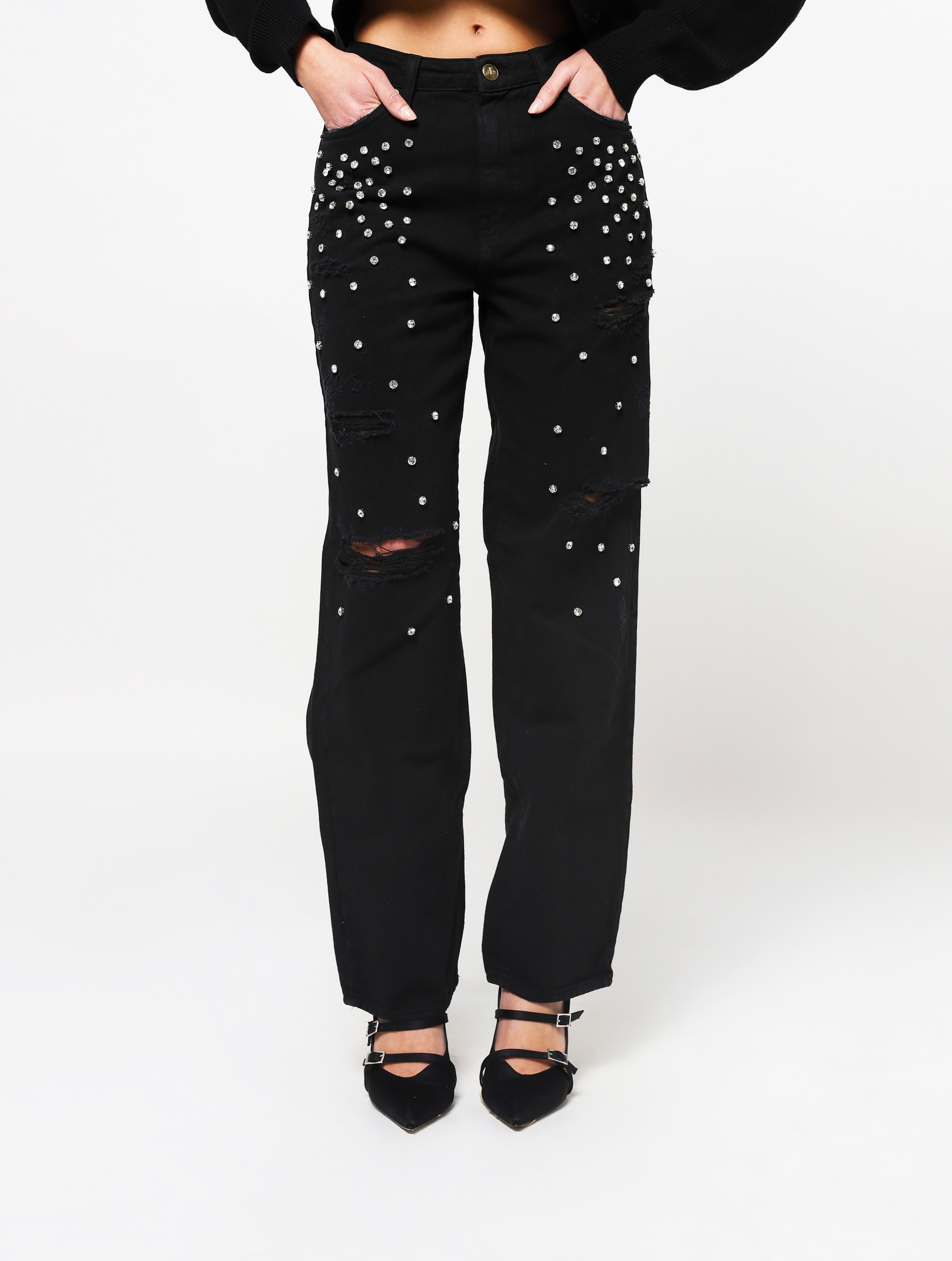 Jeans con 5 tasche, gioielli applicati e lacerazioni sulla parte frontale del pantalone, patch applicata posteriore piccola con nome del brand - nero woman  - 3