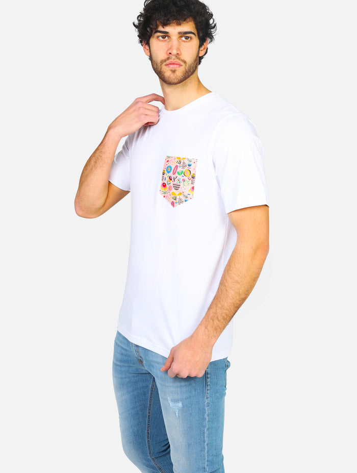 T-shirt basica con taschino a patch in fantasia con risvolti interni fantasia - HTS007XX26ROSA FLOREALEBIANCO