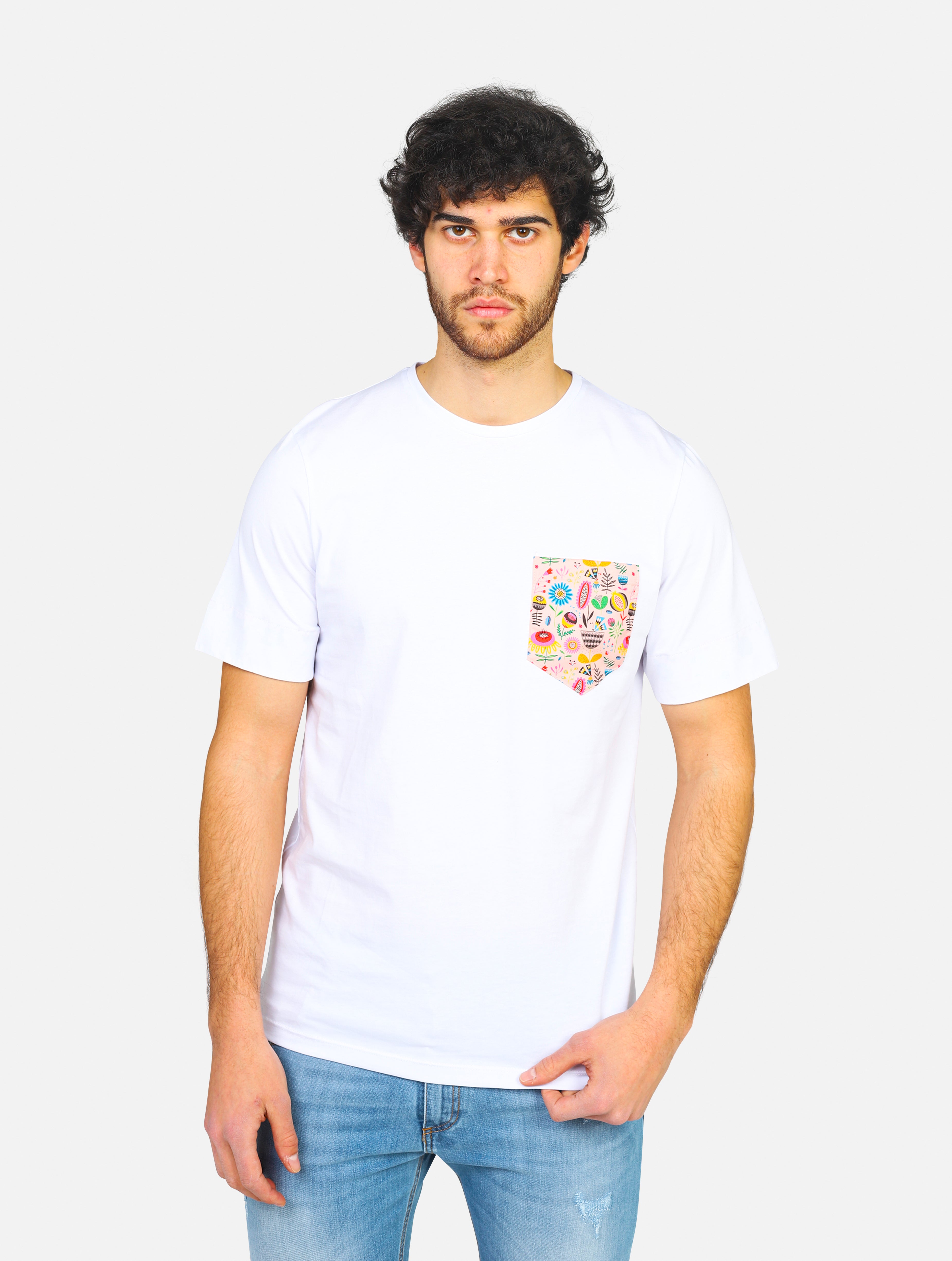T-shirt basica con taschino a patch in fantasia con risvolti interni fantasia - HTS007XX26ROSA FLOREALEBIANCO